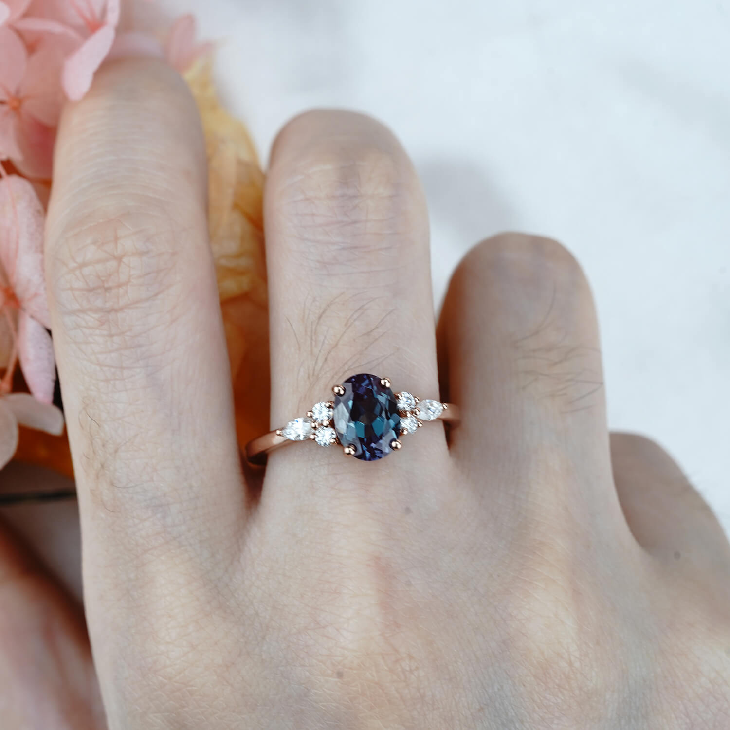 Oval Alexandrite Ring Low Profile Bridal Ring Birthstone Rings