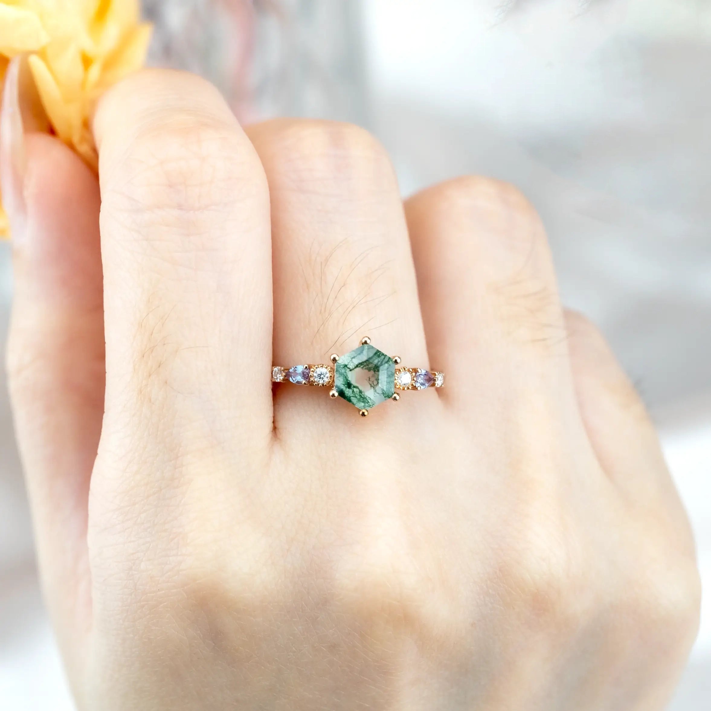 Hexagonal Cut Moss Agate Engagement Rings Natural Green Gem Custom Soild 14 Gold Ring Promise Anniversary Ring For Women Gift