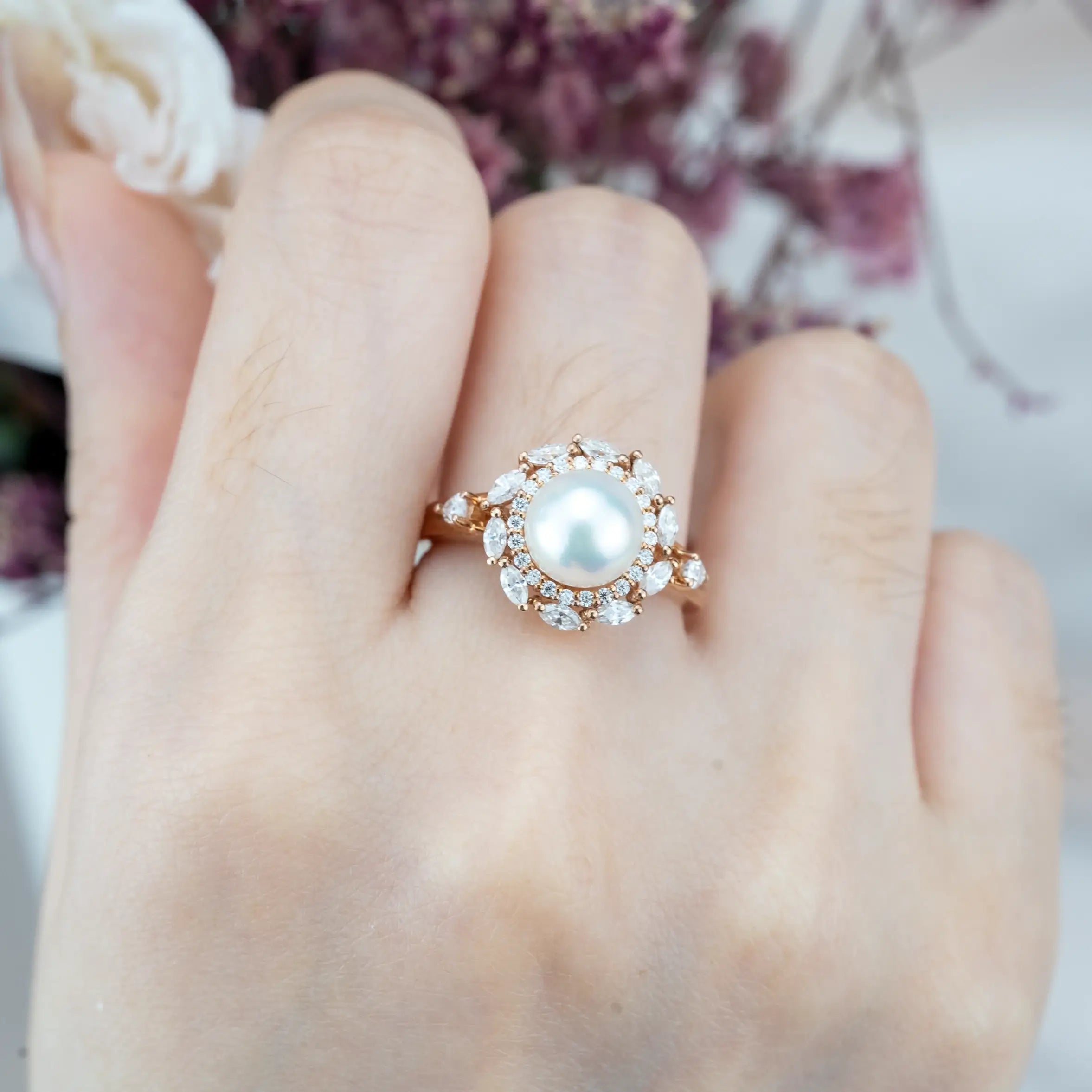 Pearl Blossom Ring - Ethereal Akoya Pearl & Moissanite Petals Ring hahalo rings flora rings for women gift