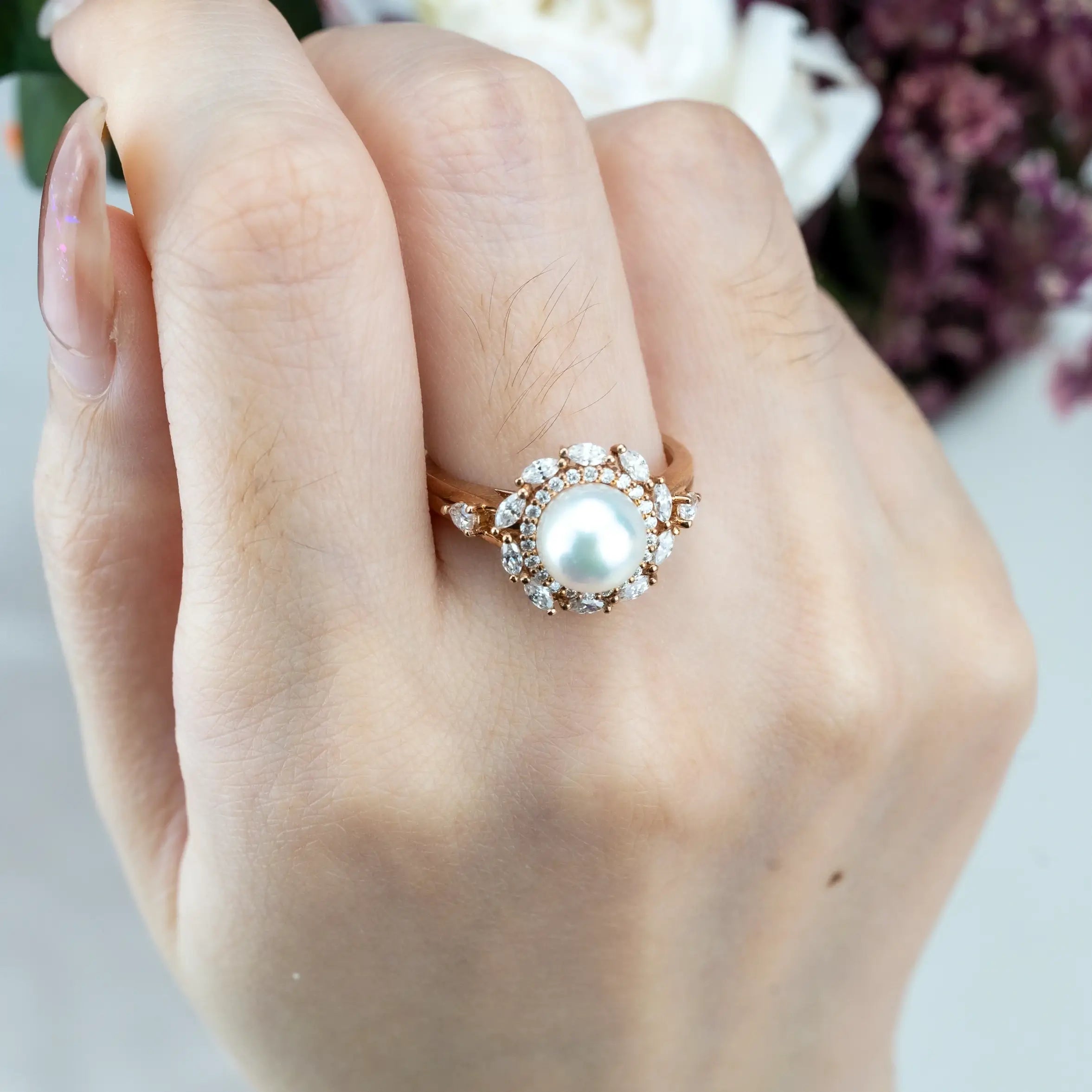 Pearl Blossom Ring - Ethereal Akoya Pearl & Moissanite Petals Ring hahalo rings flora rings for women gift