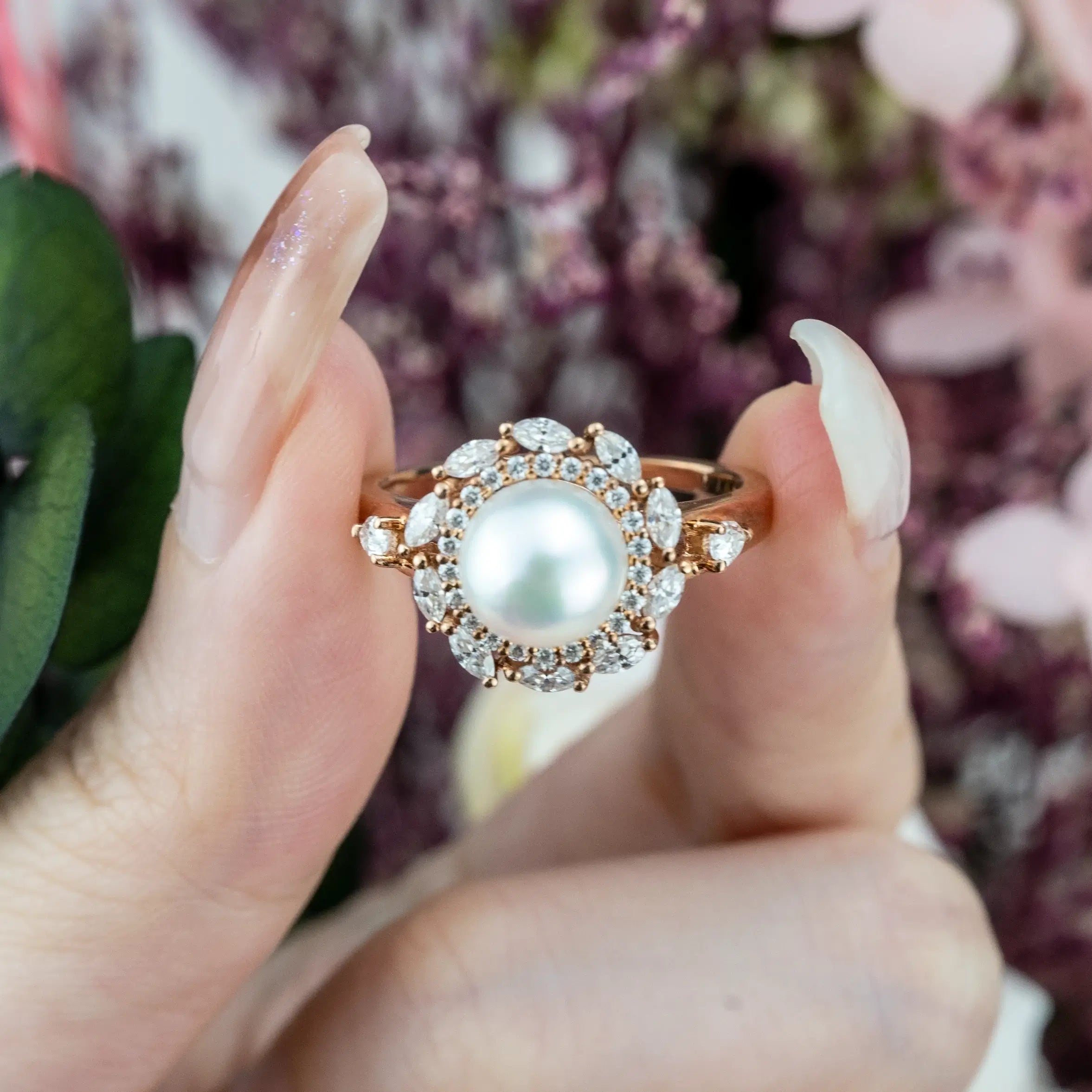 Pearl Blossom Ring - Ethereal Akoya Pearl & Moissanite Petals Ring hahalo rings flora rings for women gift