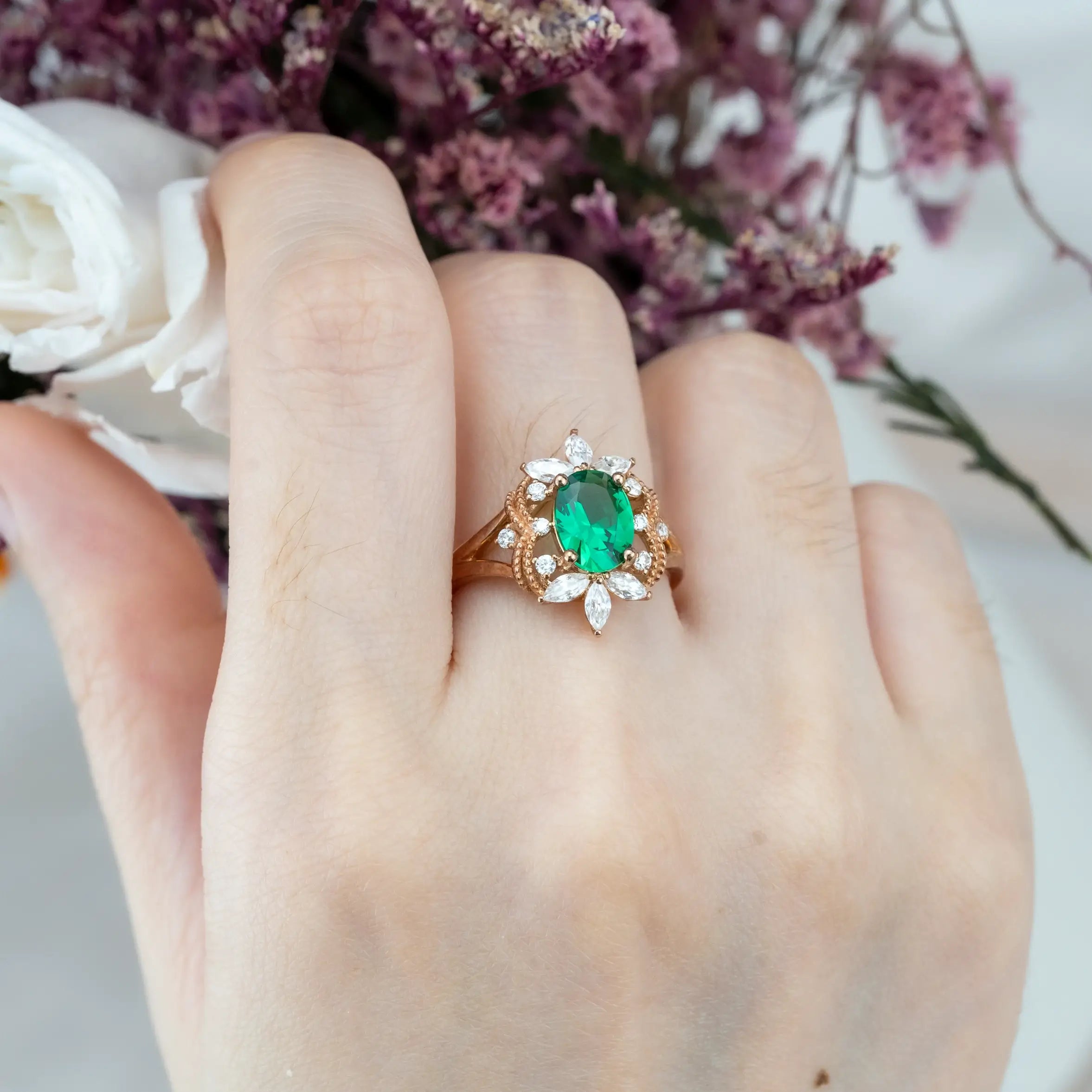 Celestia - Luxurious Oval Cut Lab Emeralds Engagement Ring Lucky Ring