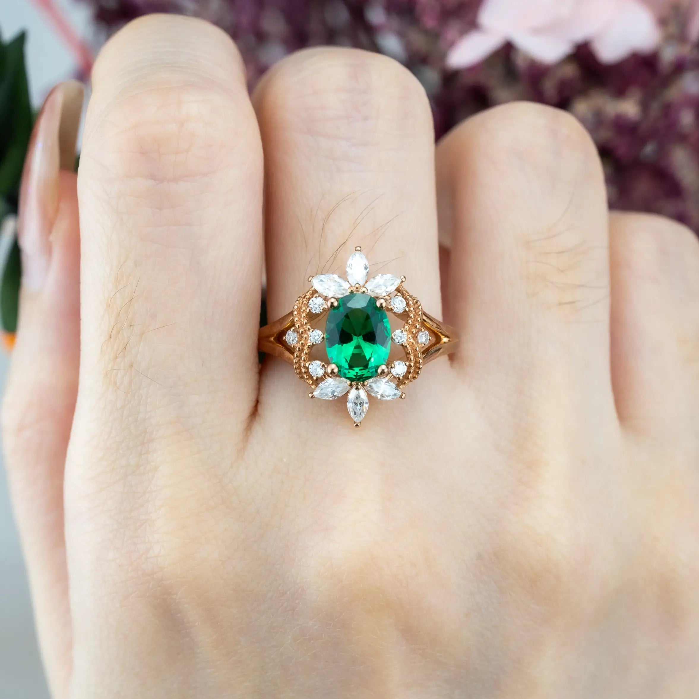 Luxurious Oval Cut Lab Emeralds Engagement Ring Lucky Ring