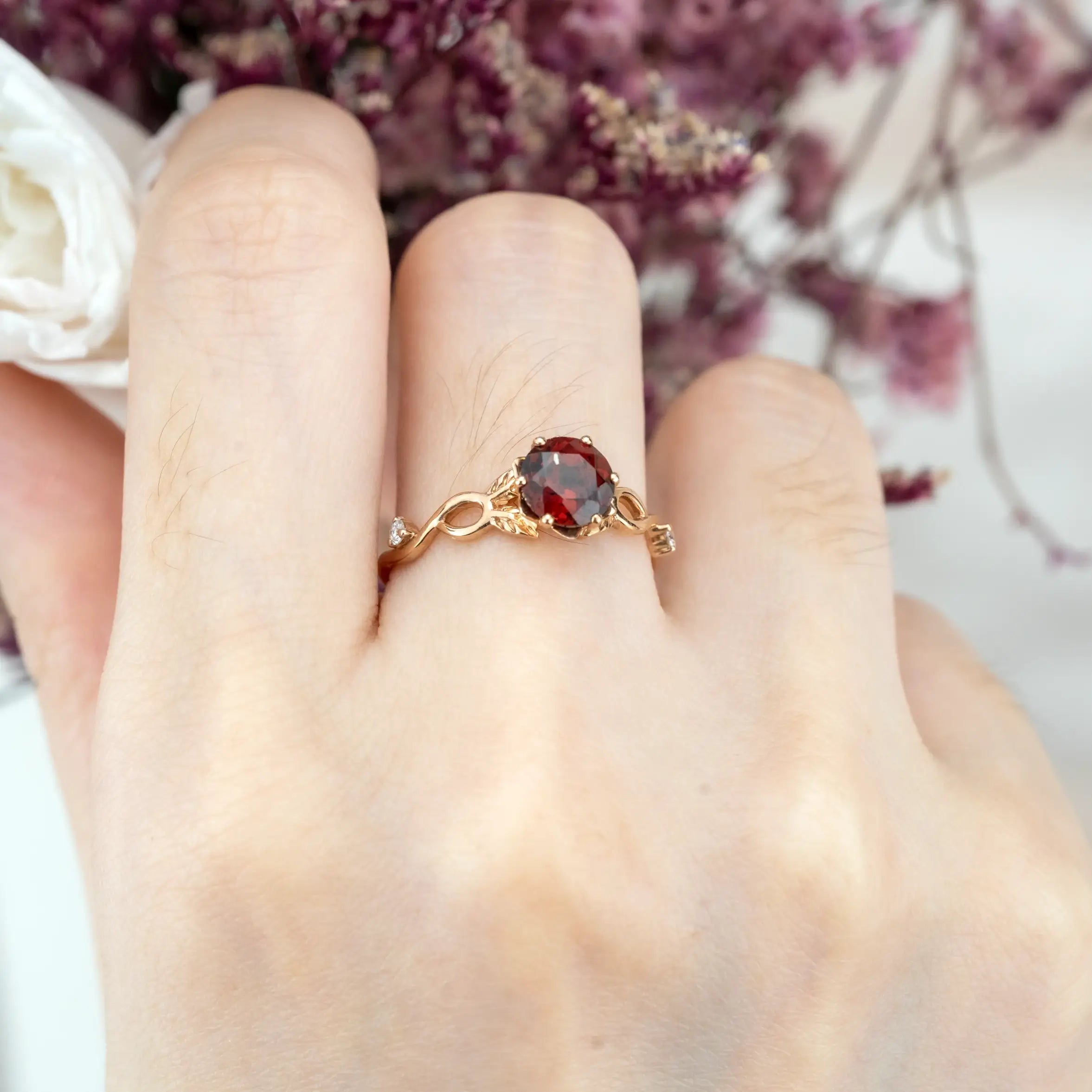 Seraphine - Round Cut Red Garnet Engagement Ring Fresh Leaf Ring