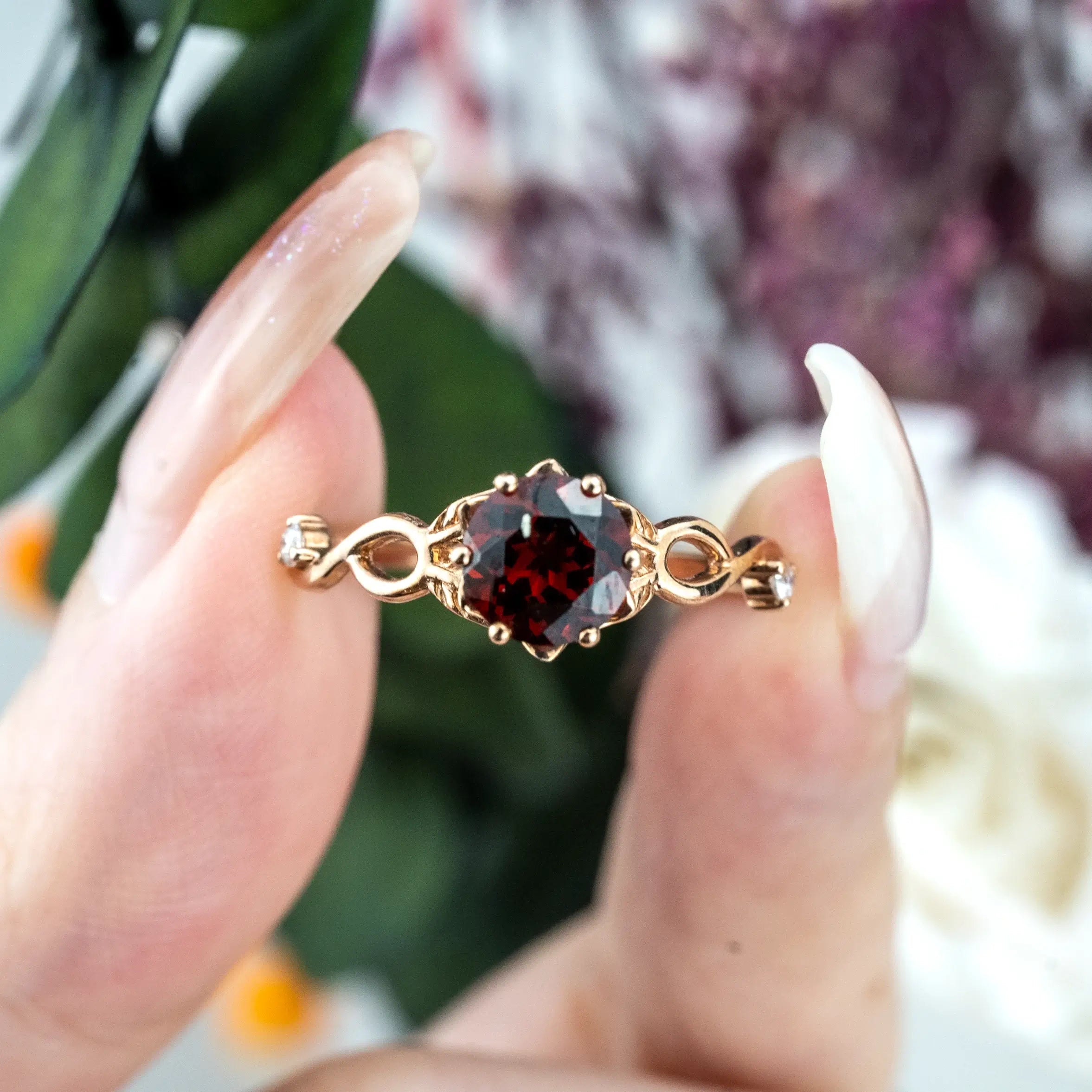 Round Cut Red Garnet Engagement Ring Fresh Leaf Ring Custom rose gold ring for women anniversary ring