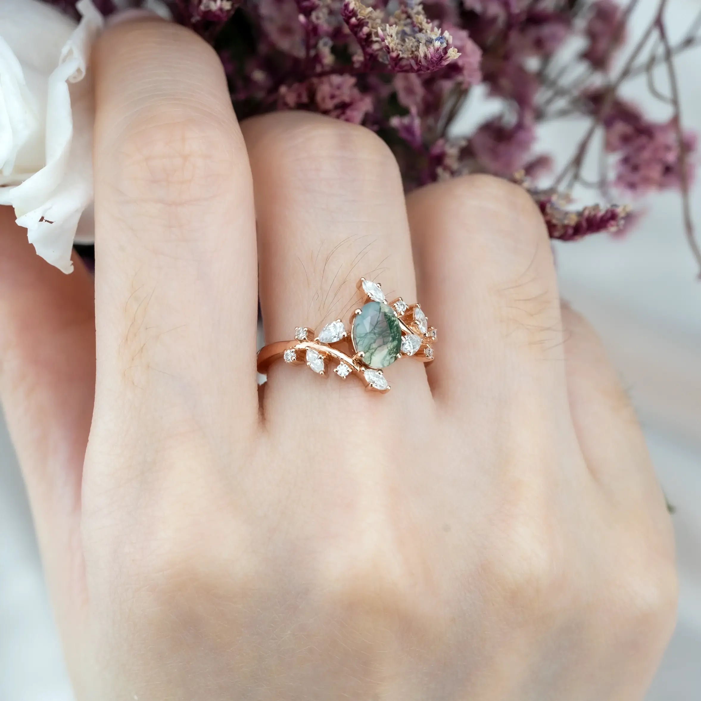 Nature Inspired Design Flora Rings Oval Cut Moss Agate Ring For Ladies