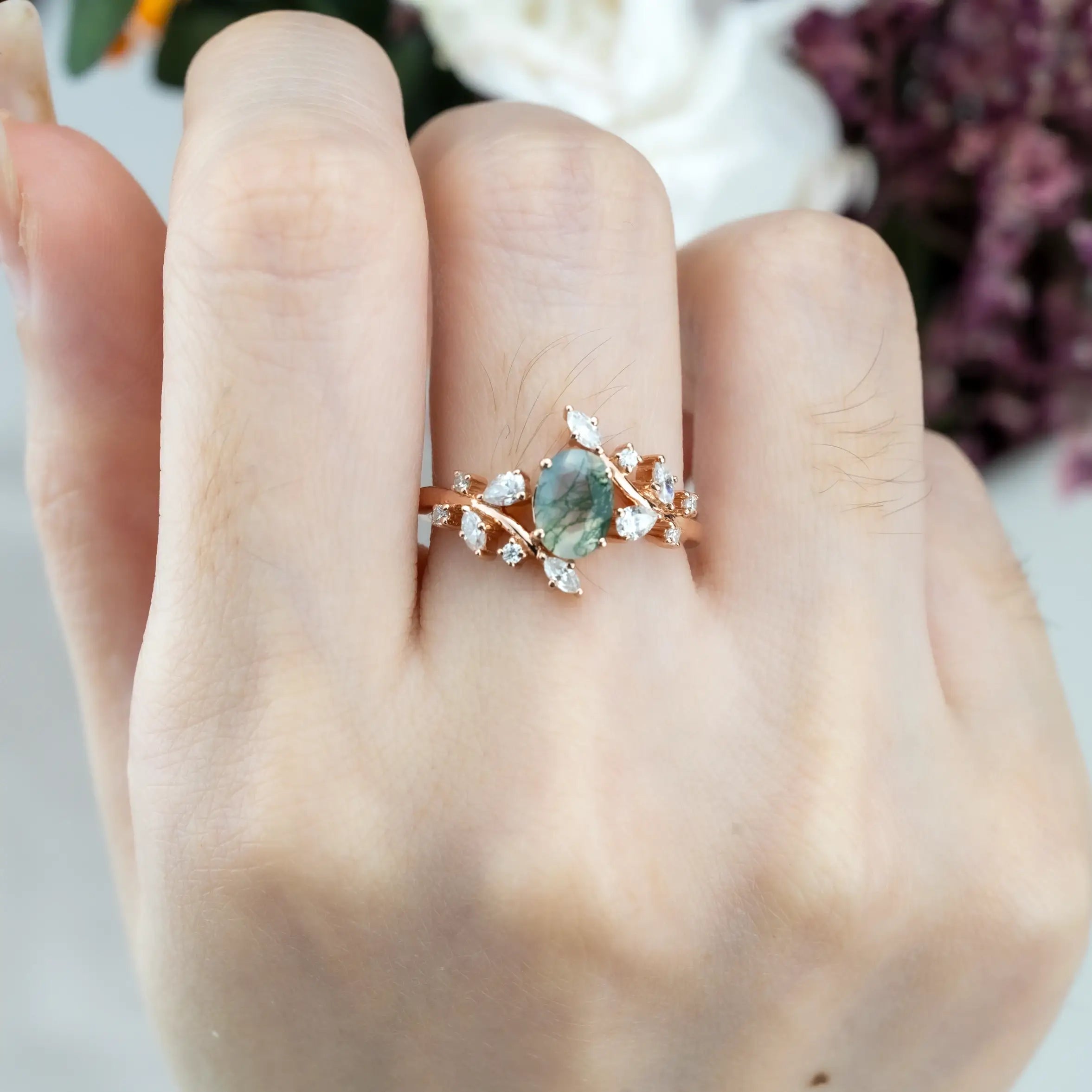 Nature Inspired Design Flora Rings Oval Cut Moss Agate Ring For Ladies anniversary ring best gift Luxury Gifts