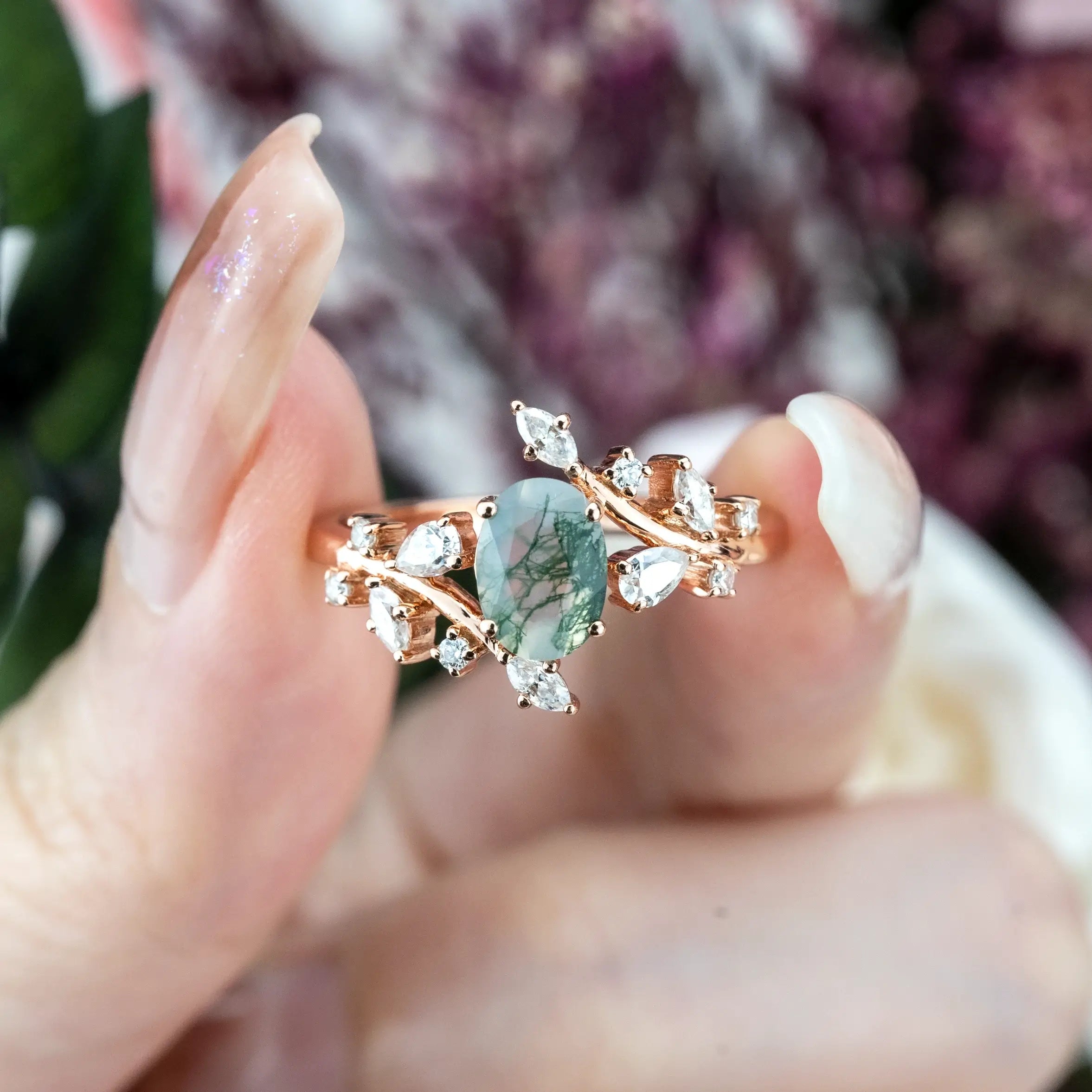 Precious jewels moss agate ring for women anniversary ring rose gold ring best custom engagement ring