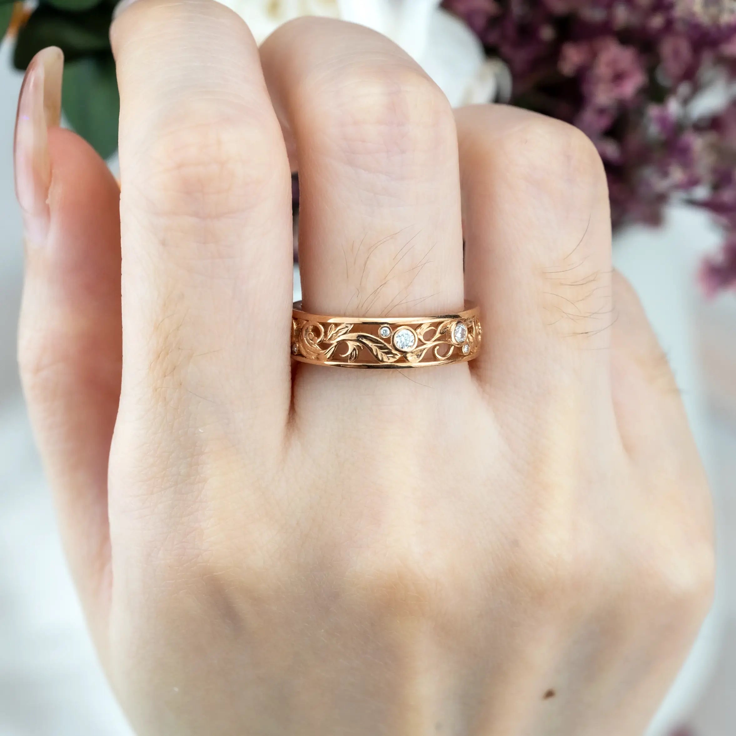 Unique Nature Inspired Design Leaf Ring Wedding Band Diamond Gold Ring