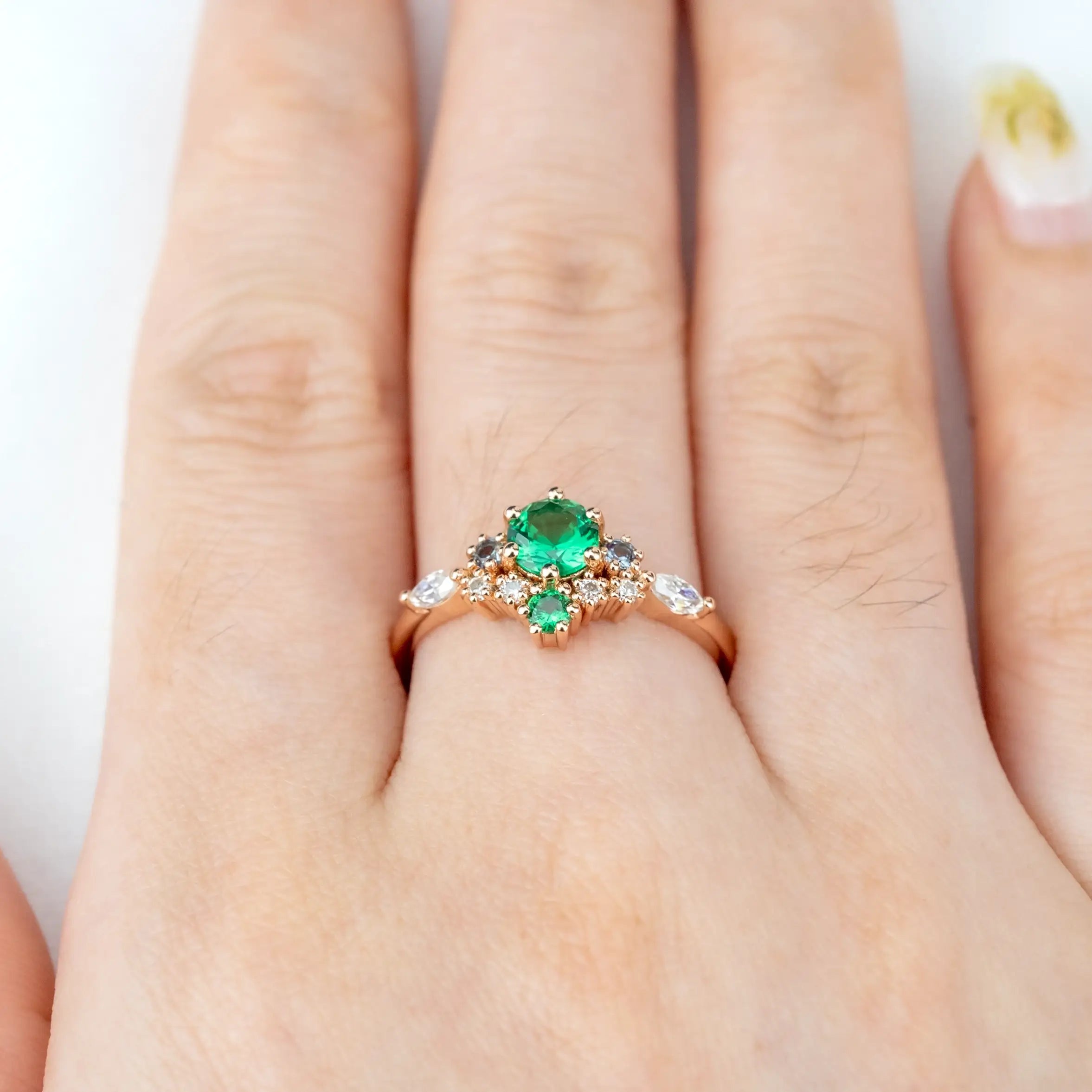 Verdeva - Cluster Engagement Rings Lab Emerald Birthstone Ring