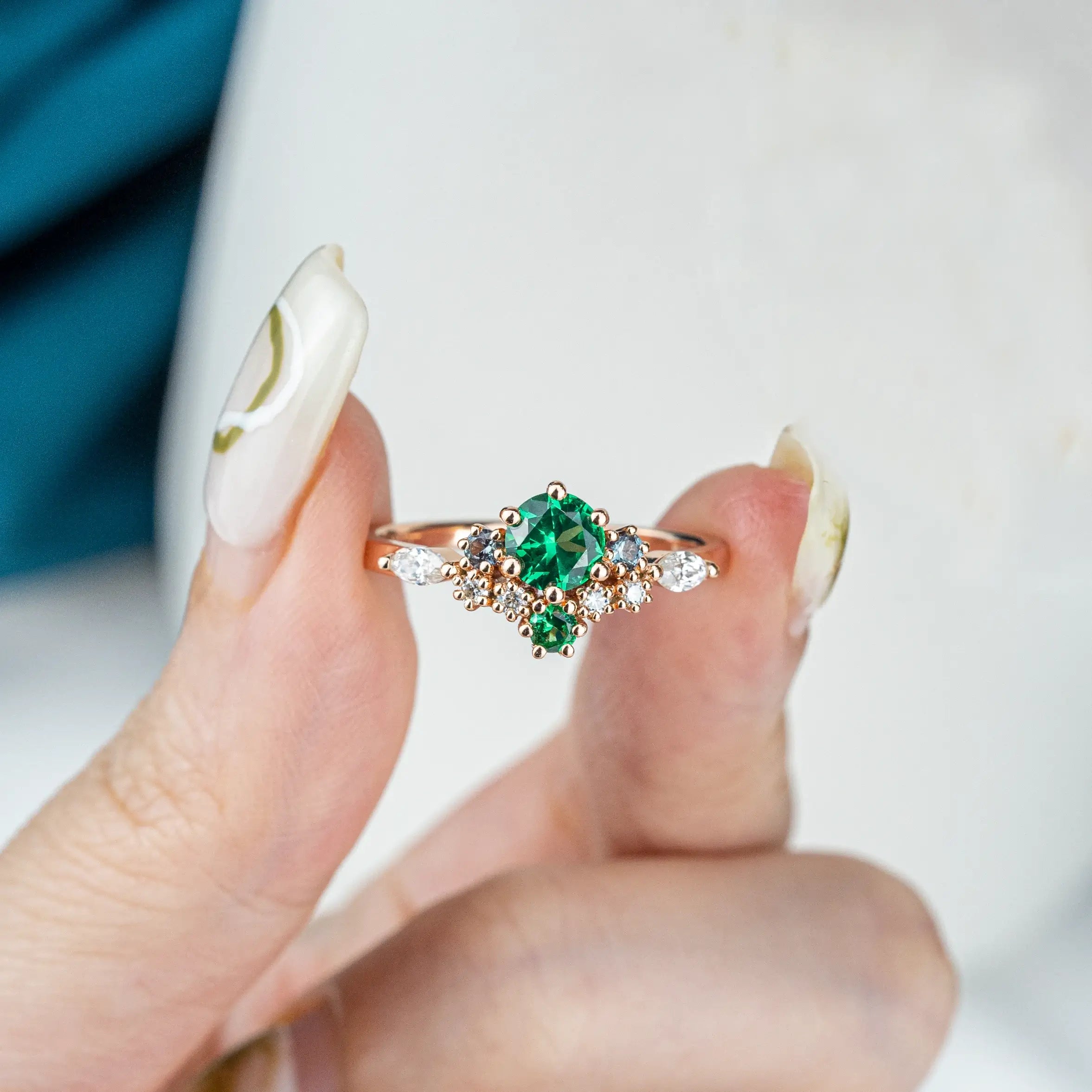 Cluster Engagement Rings Lab Emerald Birthstone Ring for women promise ring gift