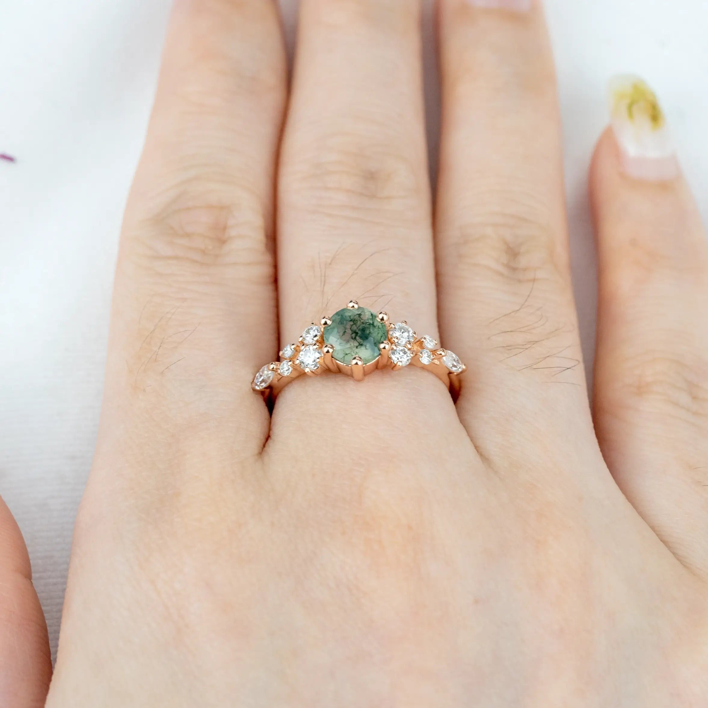 Verdantia - Round Cut Moss Agate Ring Moissanite Accents Cluster Engagement Ring