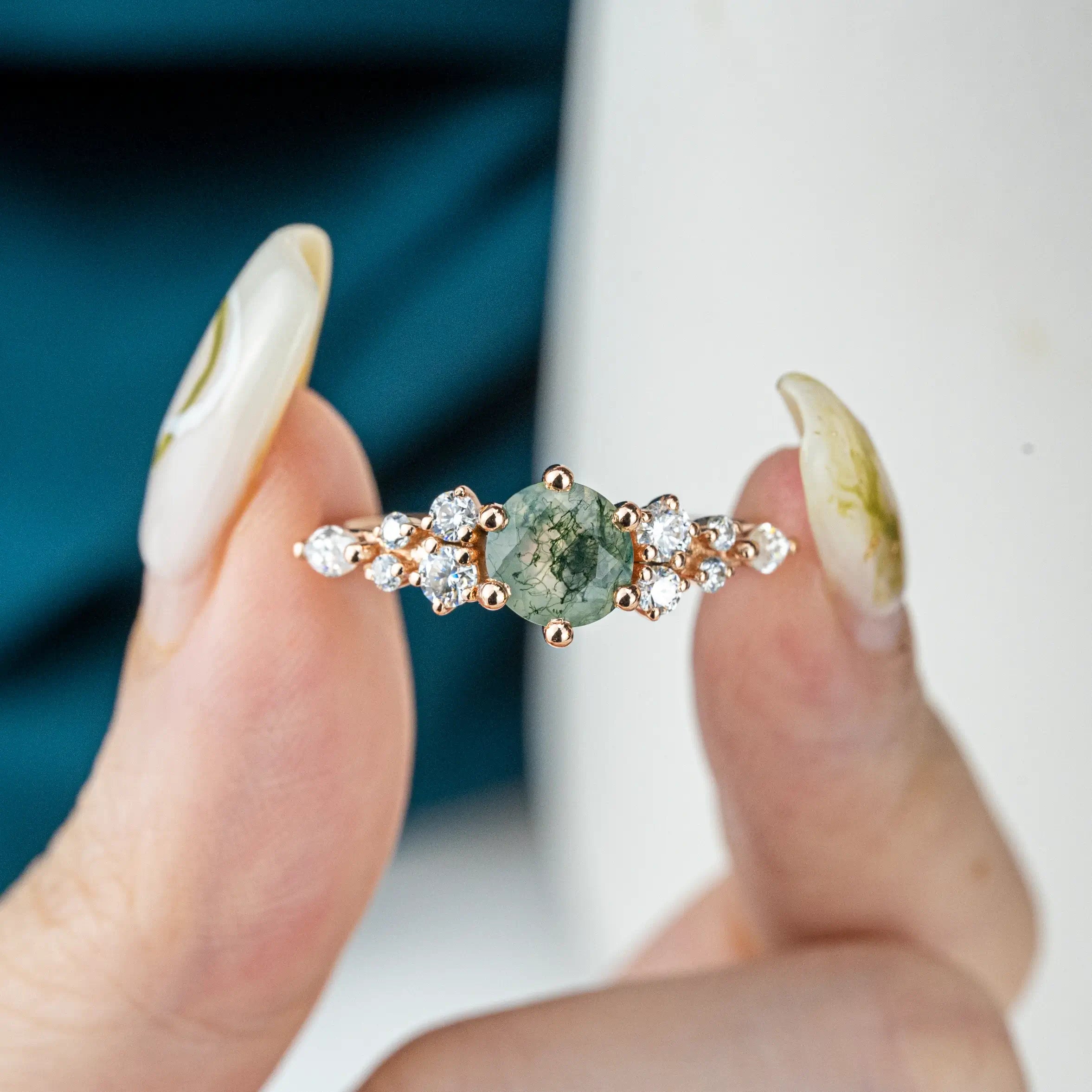 AURUMLUMINOS BRAND Best custom gemstone gold ring Round Cut Moss Agate Ring Moissanite Accents Cluster Engagement Ring for ladies