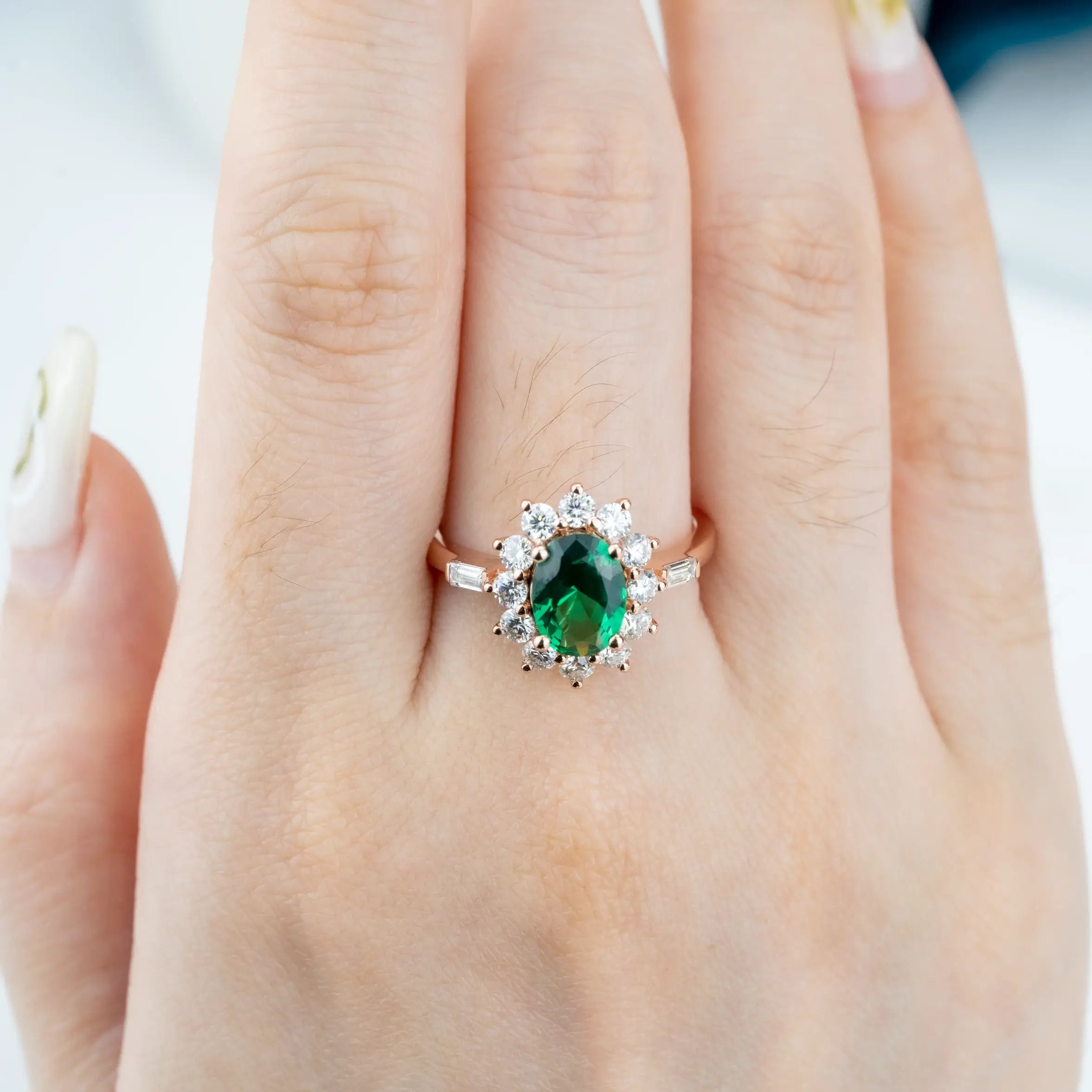 Emerald Sunburst Ring Oval Green Gemstone Engagement Rings Custom Promise 14k Rose Gold Ring Unique halo ring flora ring