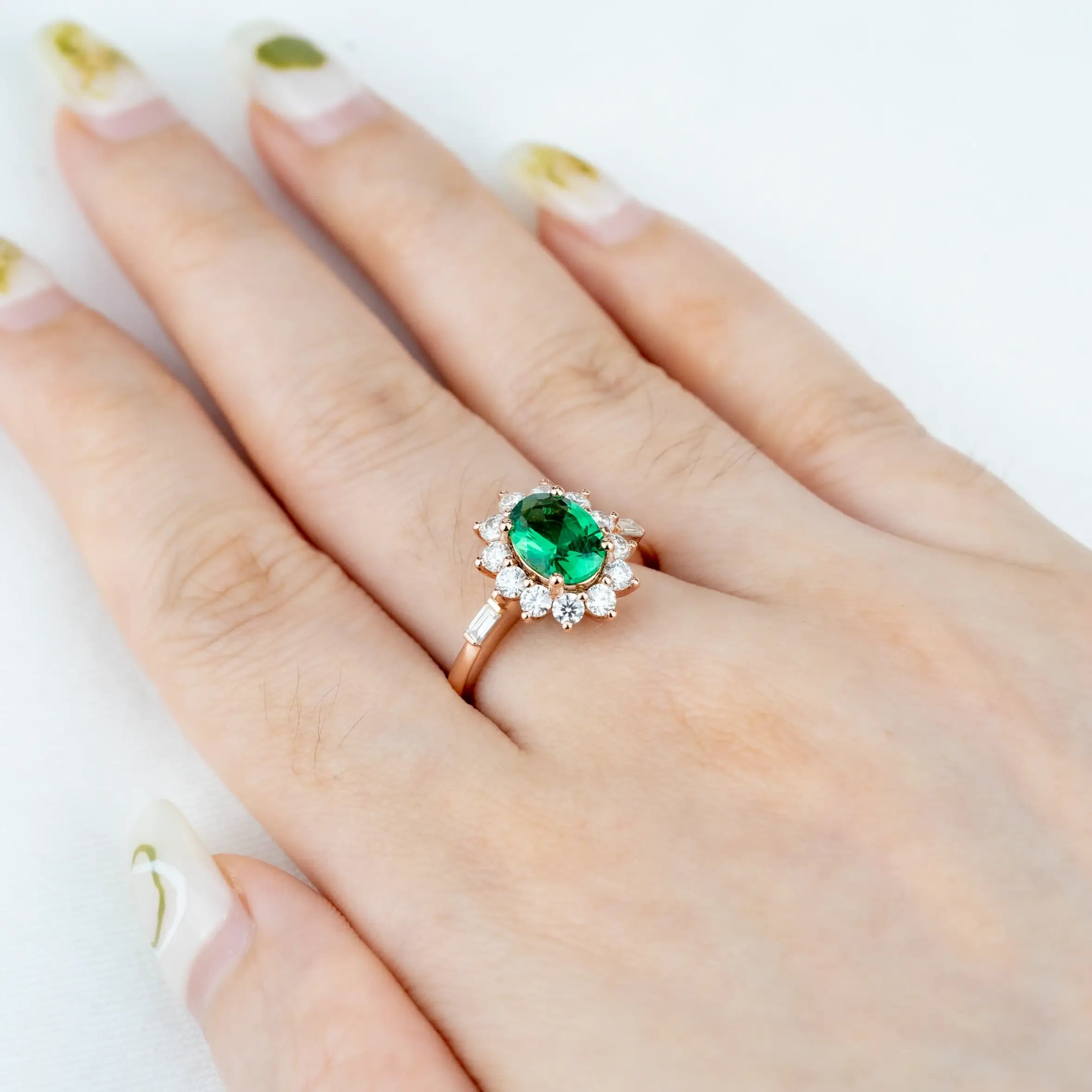 Emerald Sunburst Ring Green Gemstone Engagement Rings Halo Ring