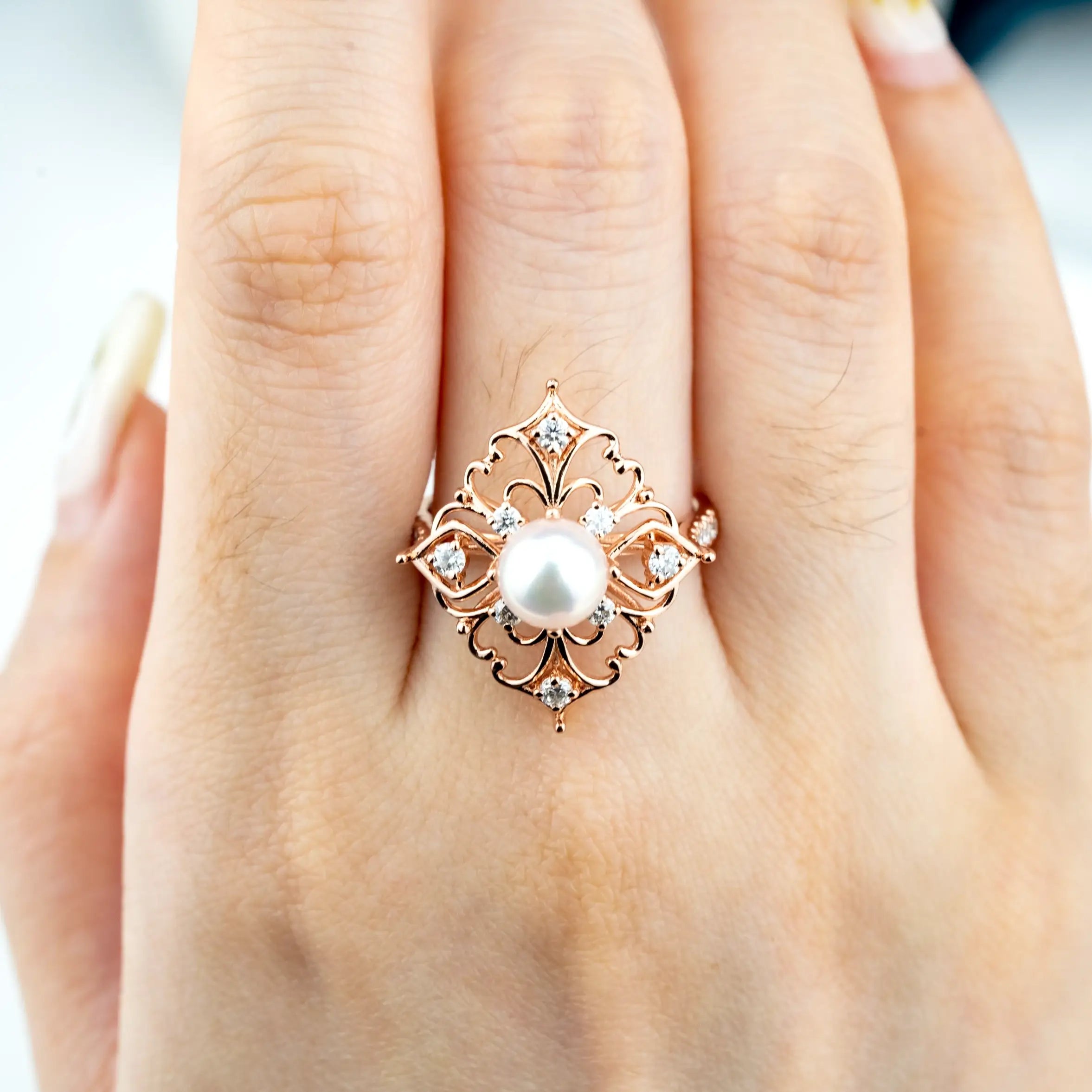 Gorgeous Akoya Pearl Ring With Unique Retro and Exaggerated Design Style Engagement Ring for women anniversary ring