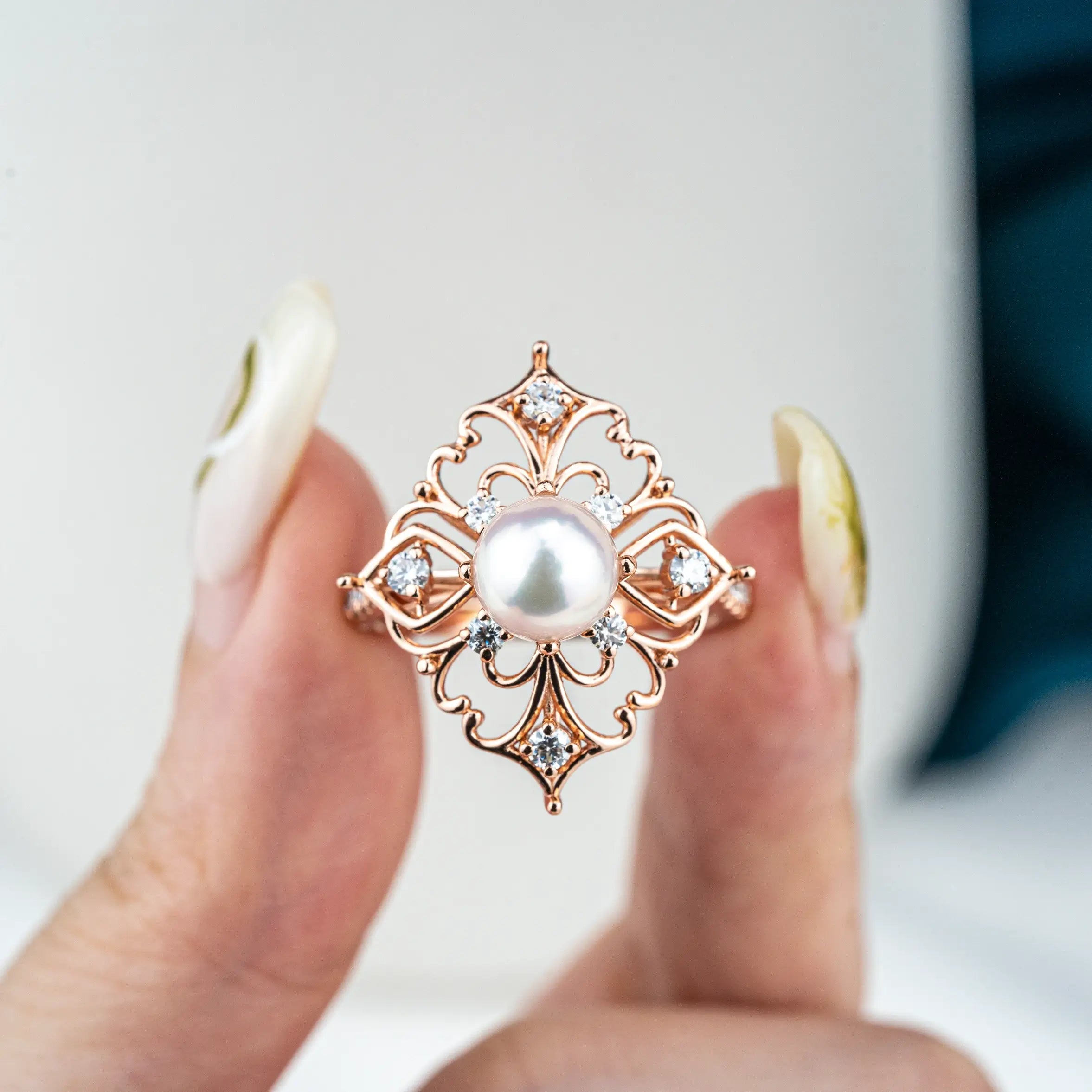 Gorgeous Akoya Pearl Ring With Unique Retro and Exaggerated Design Style Engagement Ring for women anniversary ring