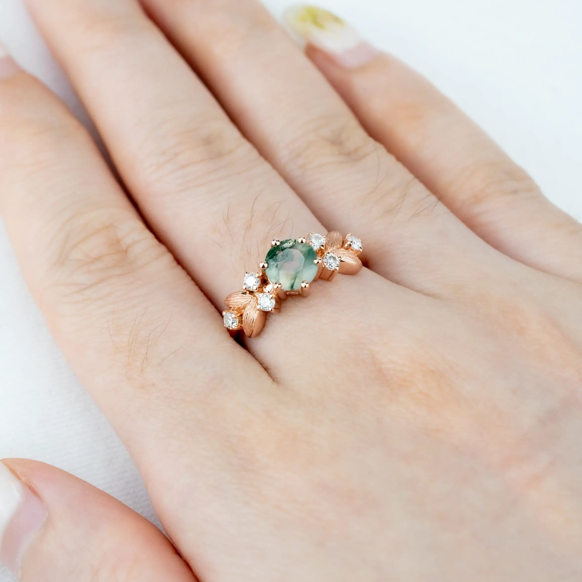 Elara - Art Floral Ring Round Natural Moss Agate Ring Gold