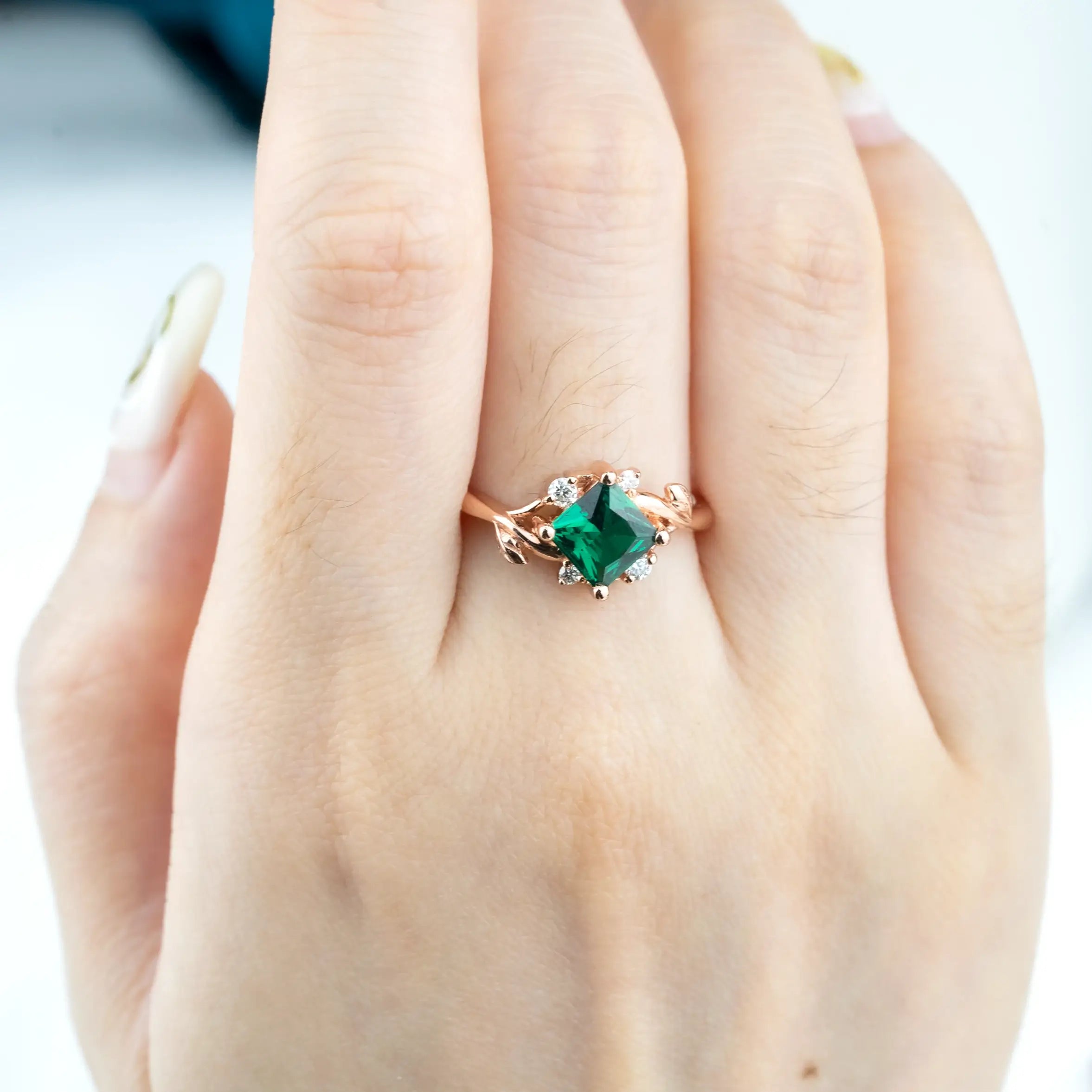 Elysia – Princess Cut Lab Emerald Leaf Ring