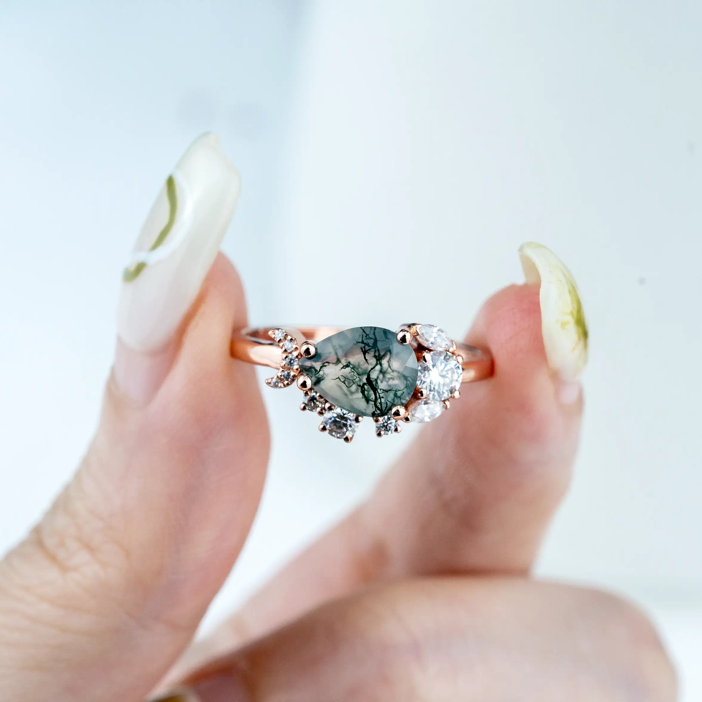 Unique Pear Moss Agate Ring | Custom Engagement Ring Handmade AURUMLUMIONS