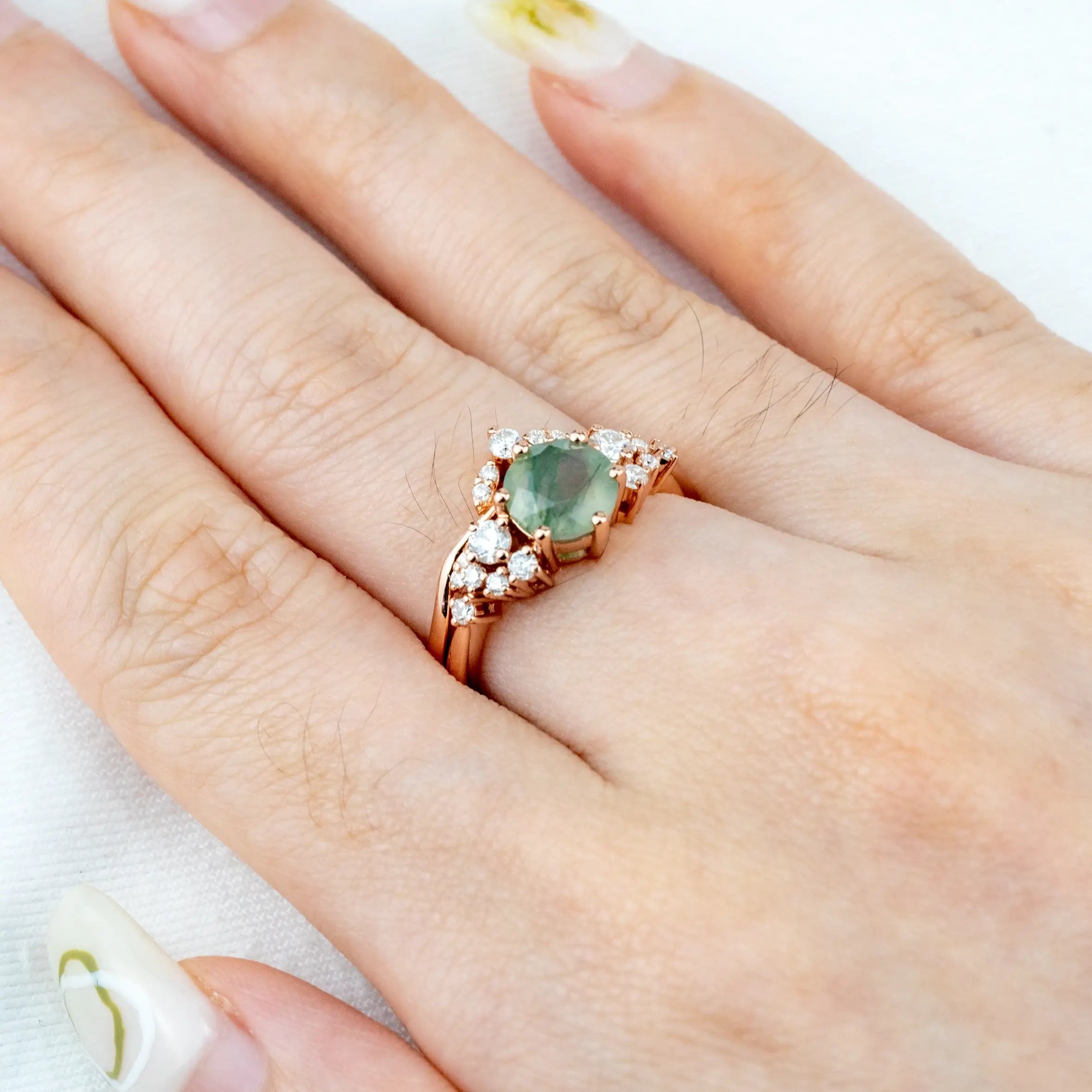 Verdantia Duo - Moss Agate Ring Set Custom Moissanite Accents Cluster Ring