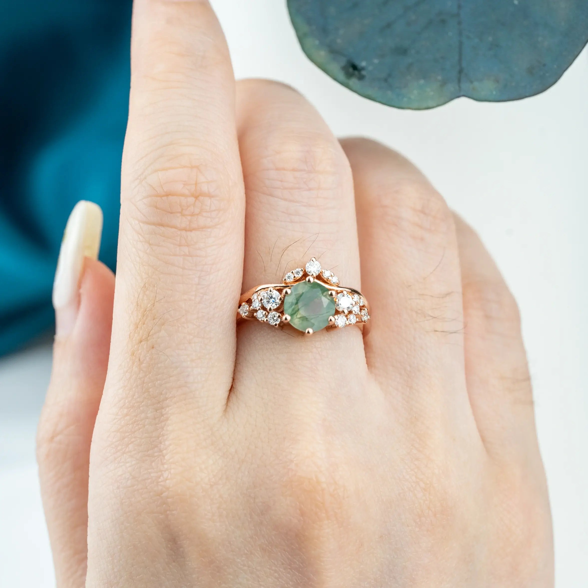 Moss Agate Ring Set Custom Moissanite Accents Cluster Ring for women gift