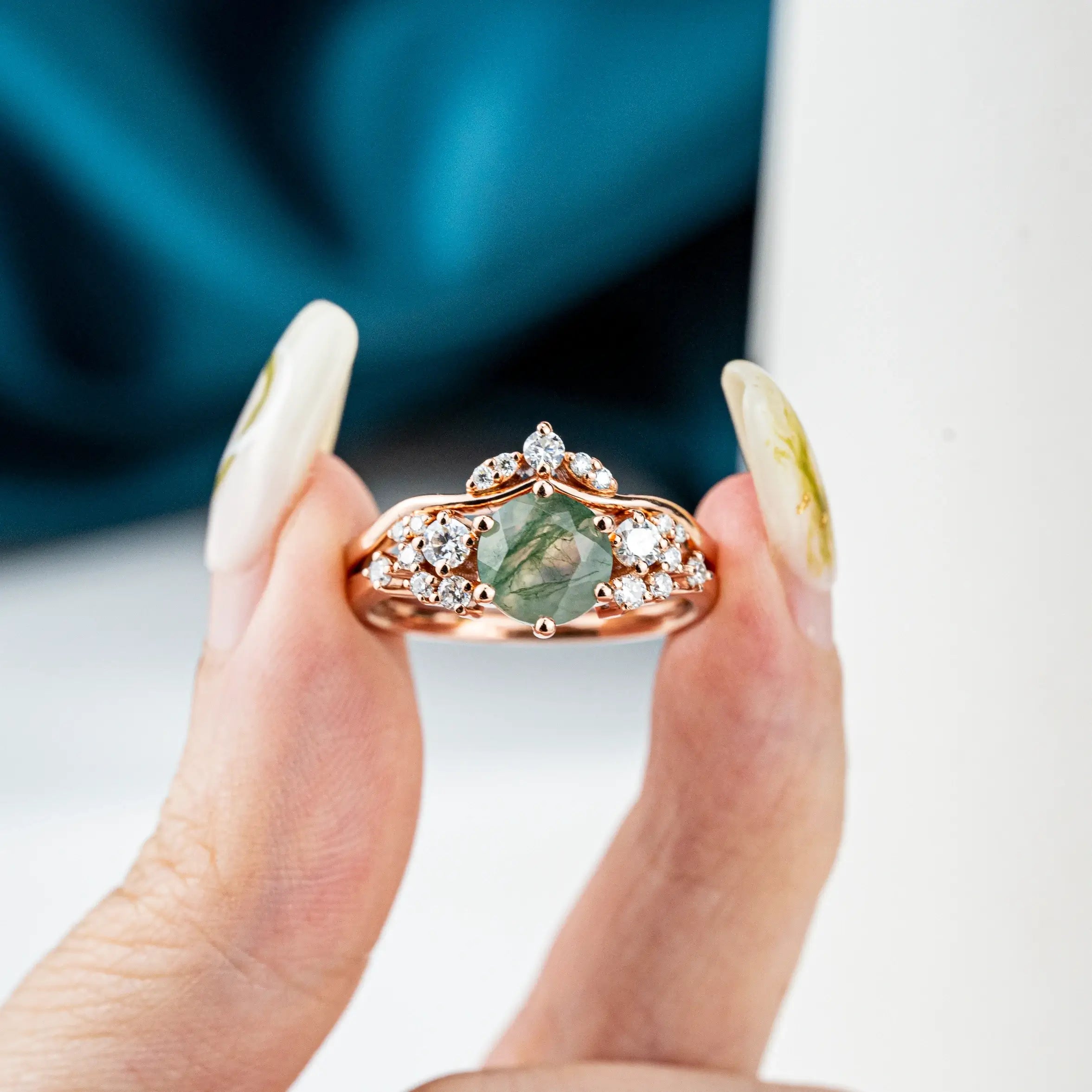 Moss Agate Ring Set Custom Moissanite Accents Cluster Ring for women gift 