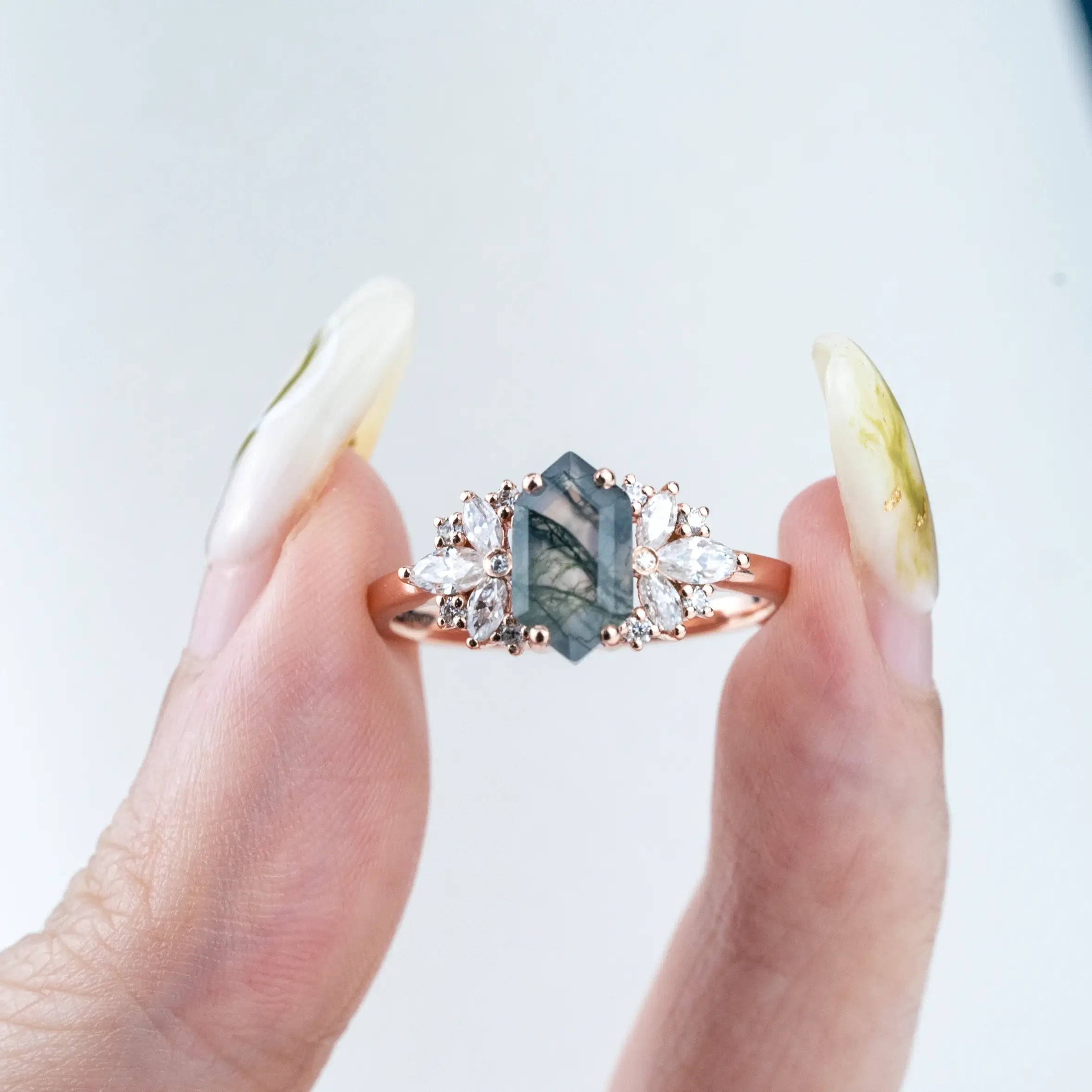 Vespera - Flower Gold Ring Cluster Natural Moss Agate Rings For ladies anniversary ring women gift