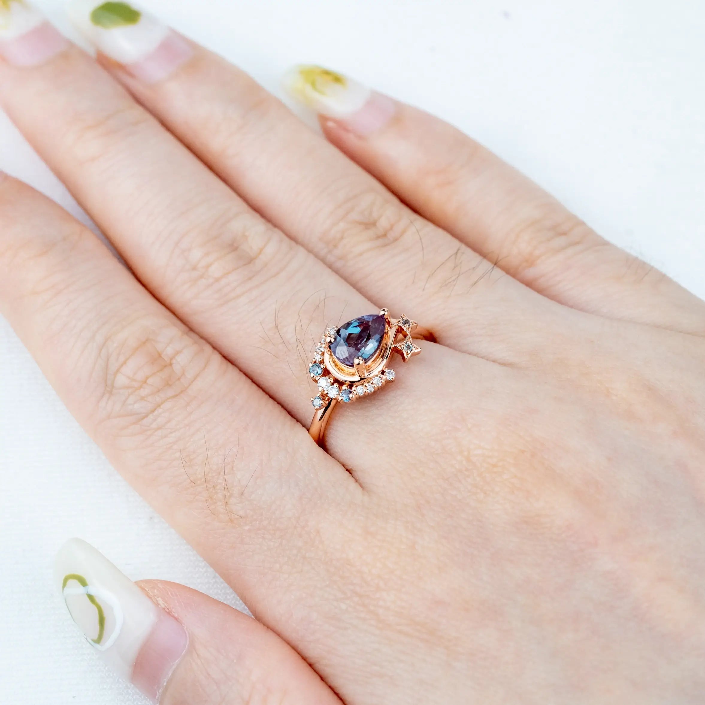 Luna - Pear Cut Lab Alexandrite Ring Moon Design Rings