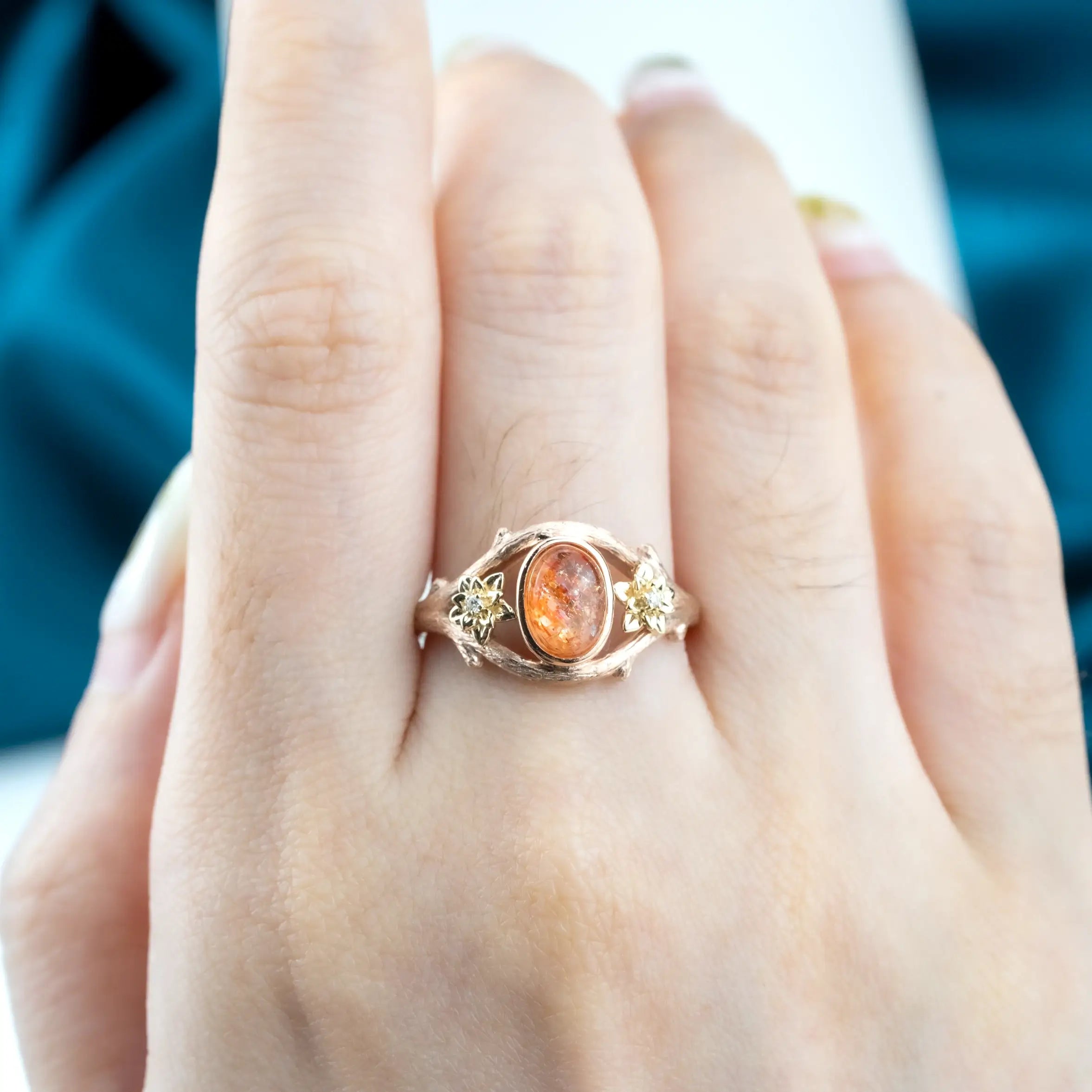 custom Solstice Blossom - Oval Sunstone Leaf Rings Promise Gift natural stone flower ring