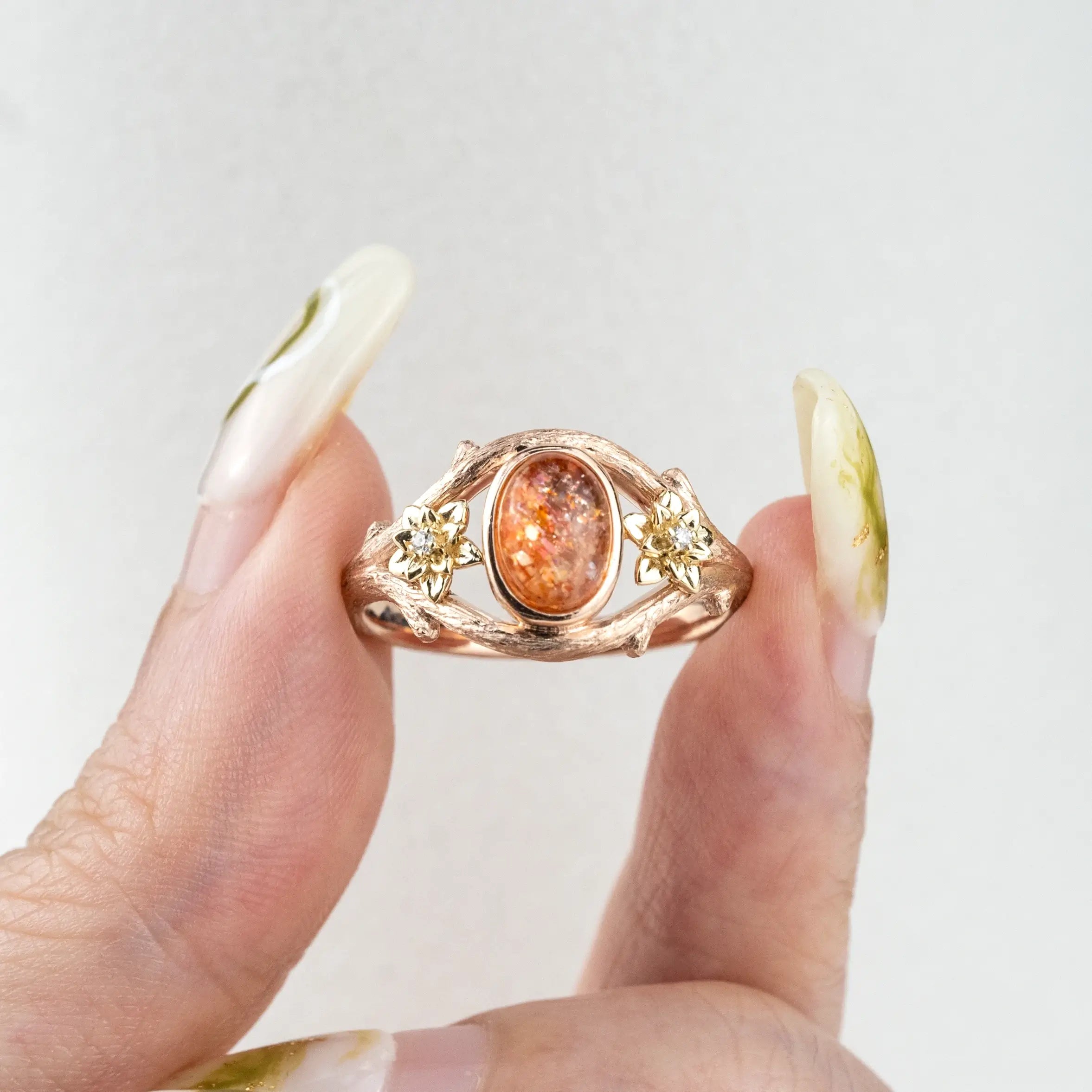 Solstice Blossom - Oval Sunstone Leaf Rings Promise Gift natural stone flower ring