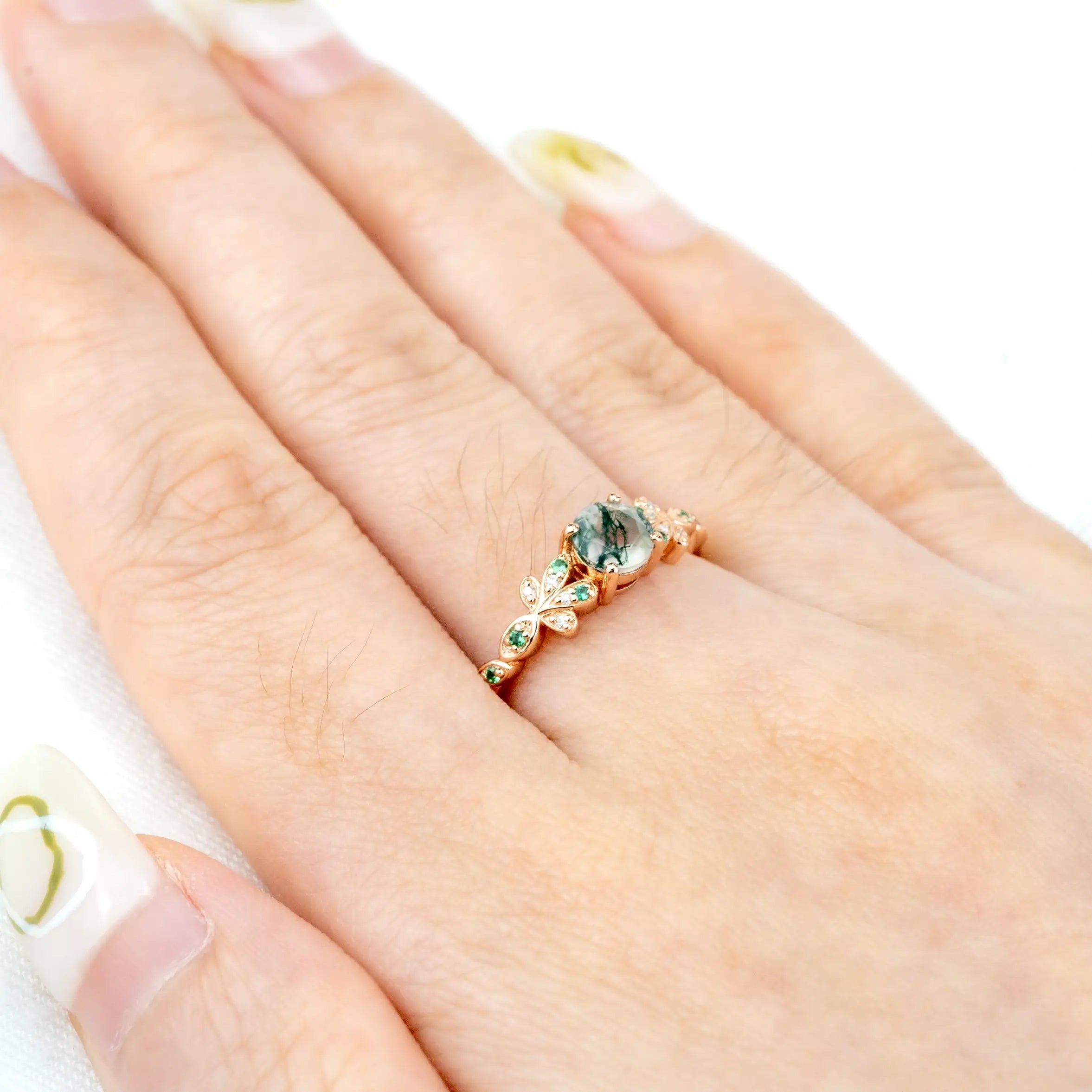 Blossom - Round Cut Moss Agate Ring Custom Flower Ring