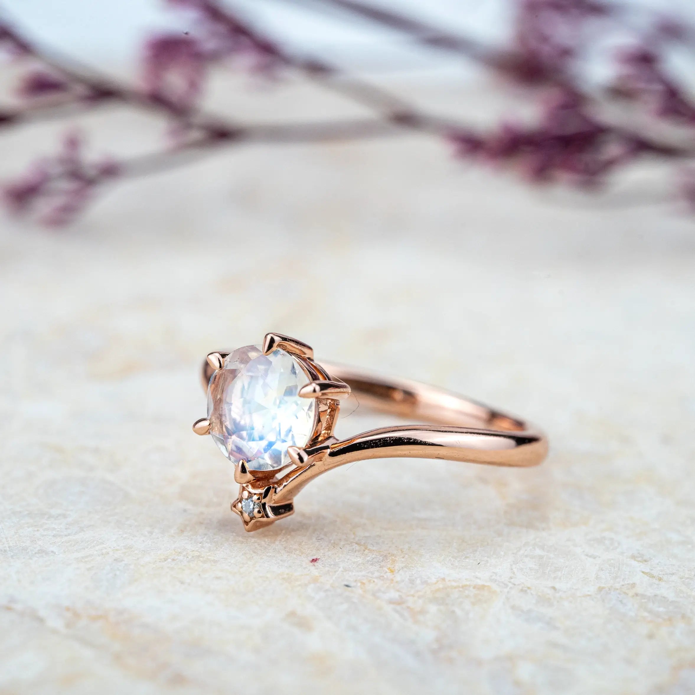 Minimalist moon stone ring for ladies, round nature moonstone engagement rings