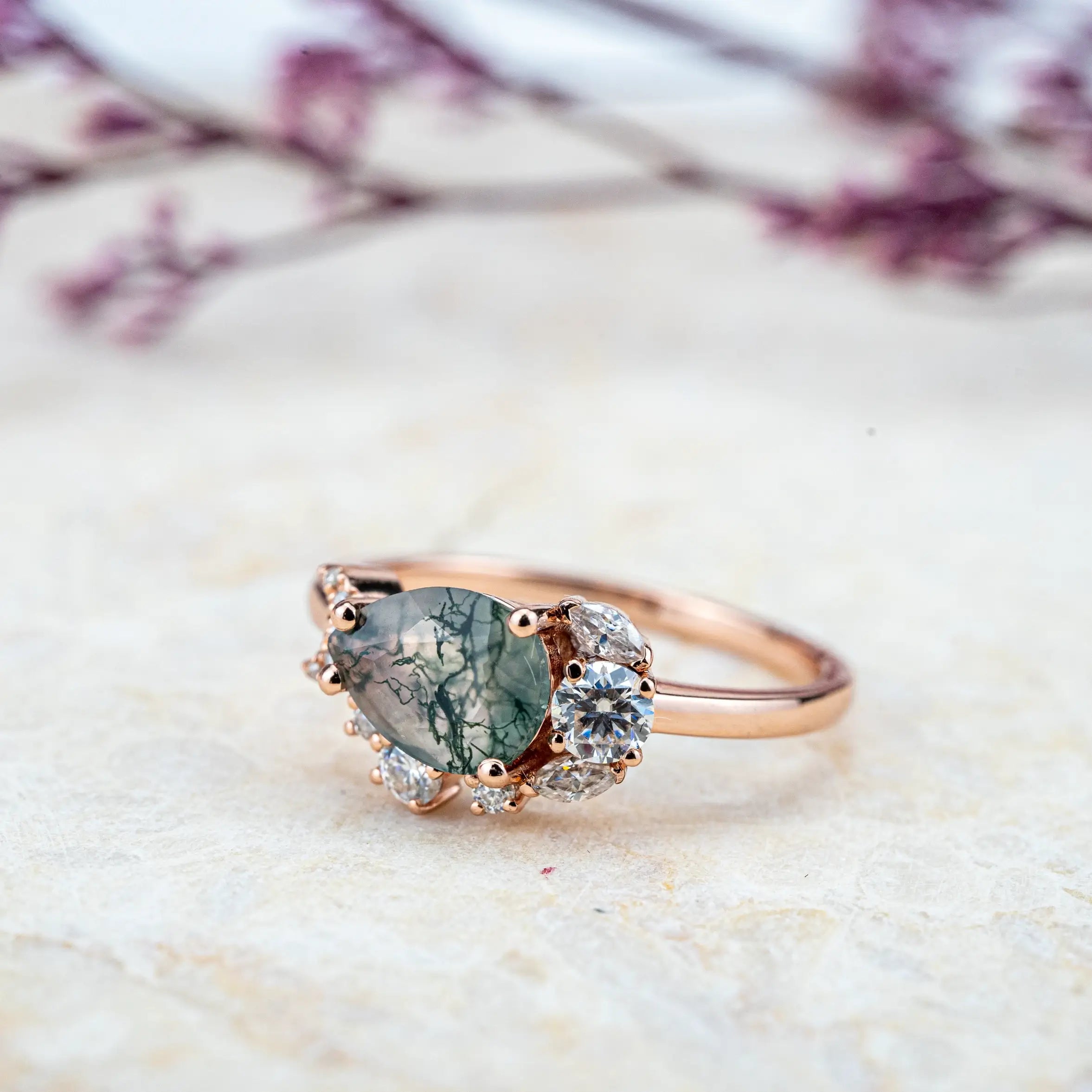 Unique Pear Moss Agate Ring | Custom Engagement Ring Handmade AURUMLUMIONS Anniversary wedding rings