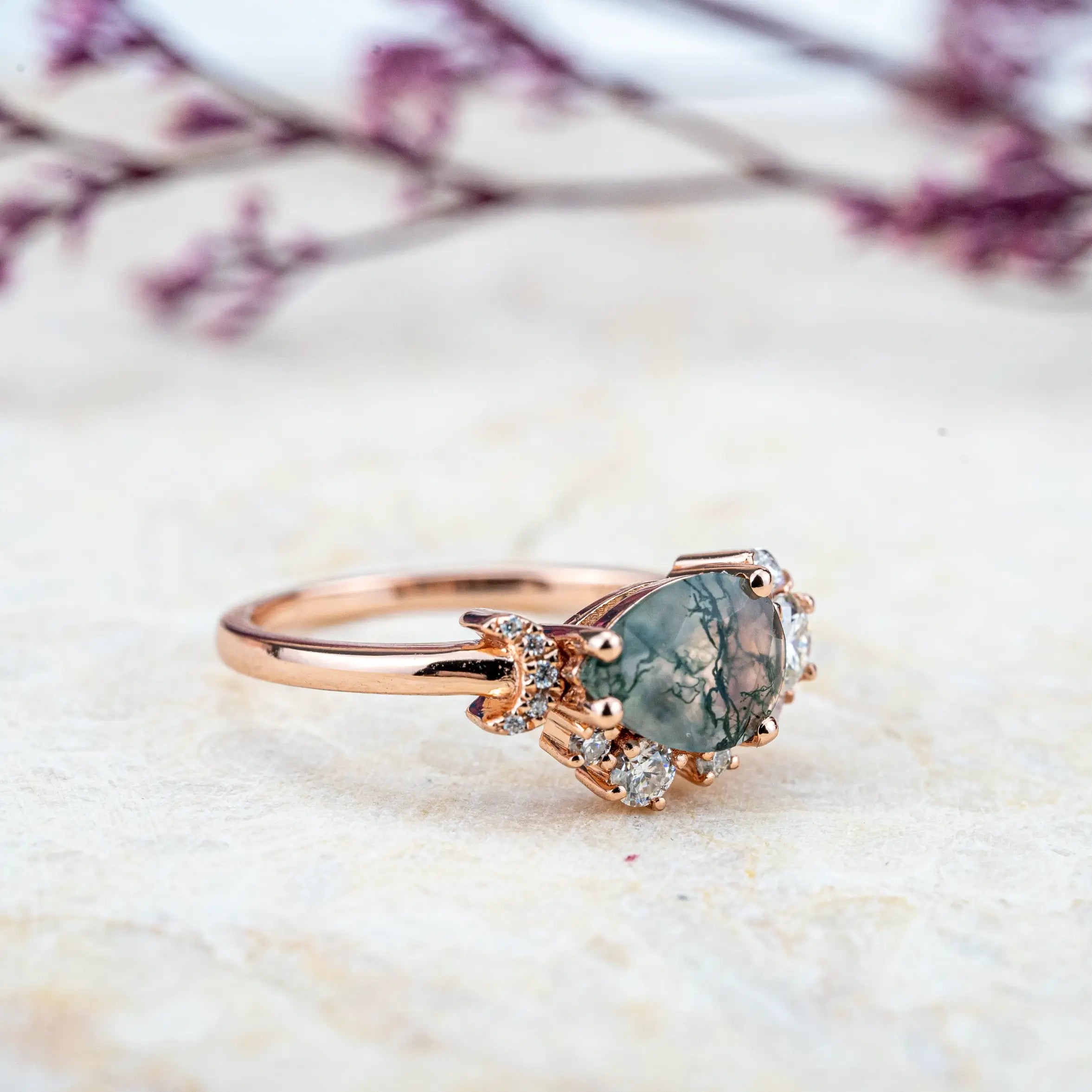 Unique Pear Moss Agate Ring | Custom Engagement Ring Handmade AURUMLUMIONS Anniversary wedding rings