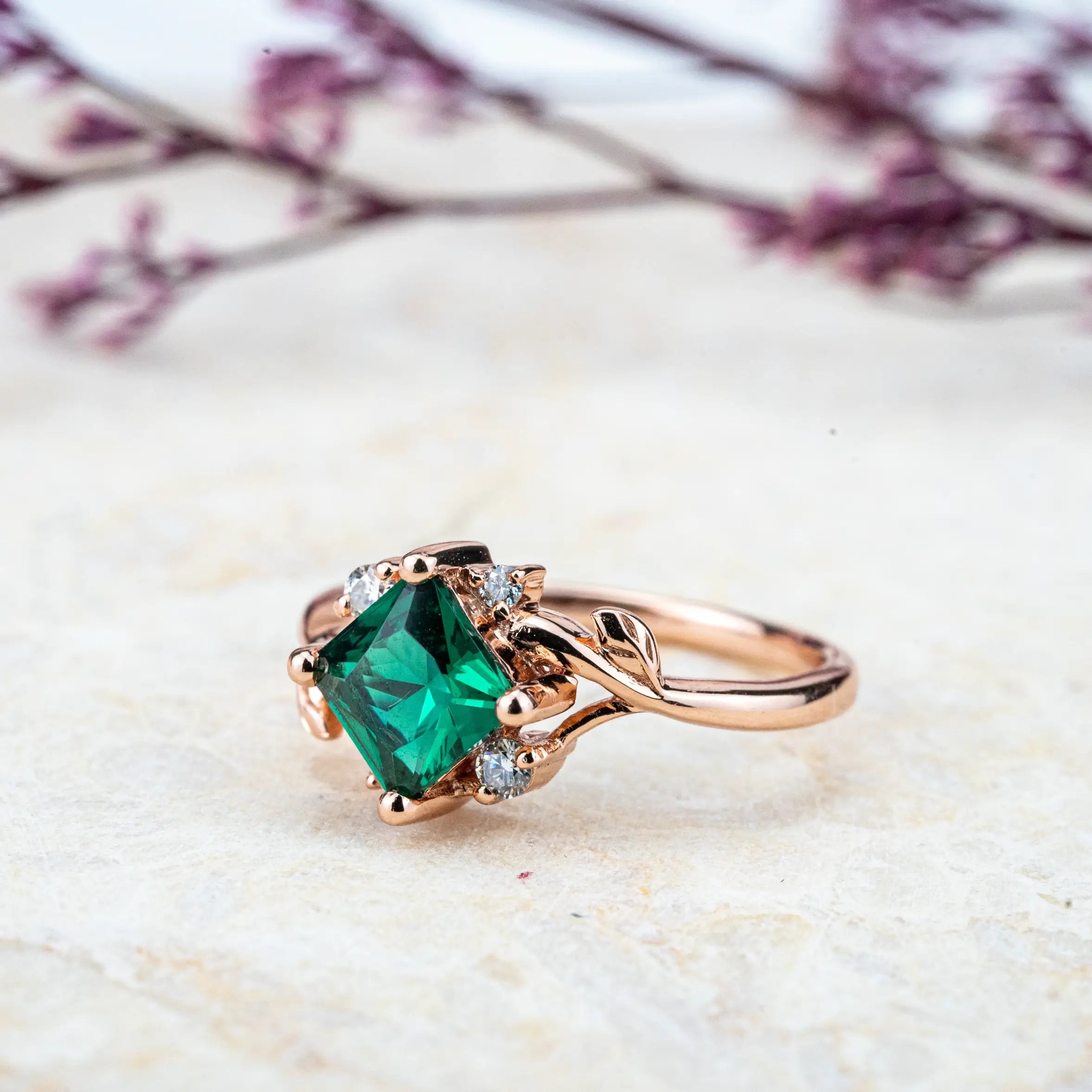 Elysia – Princess Cut Lab Emerald Leaf Ring Green Stone  birthstone rings for women