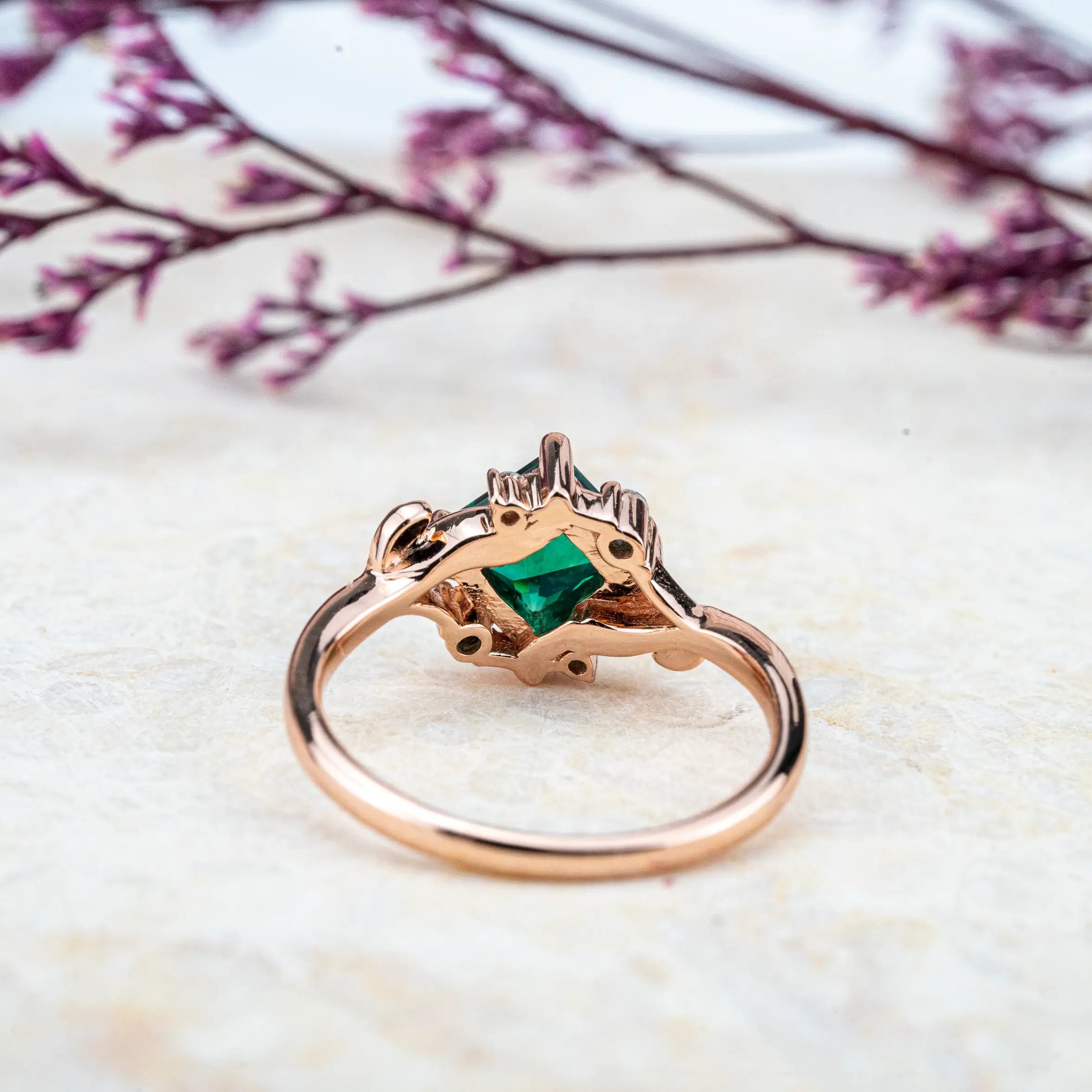 Elysia – Princess Cut Lab Emerald Leaf Ring Green Stone  birthstone rings for women ROSE GOLD RING