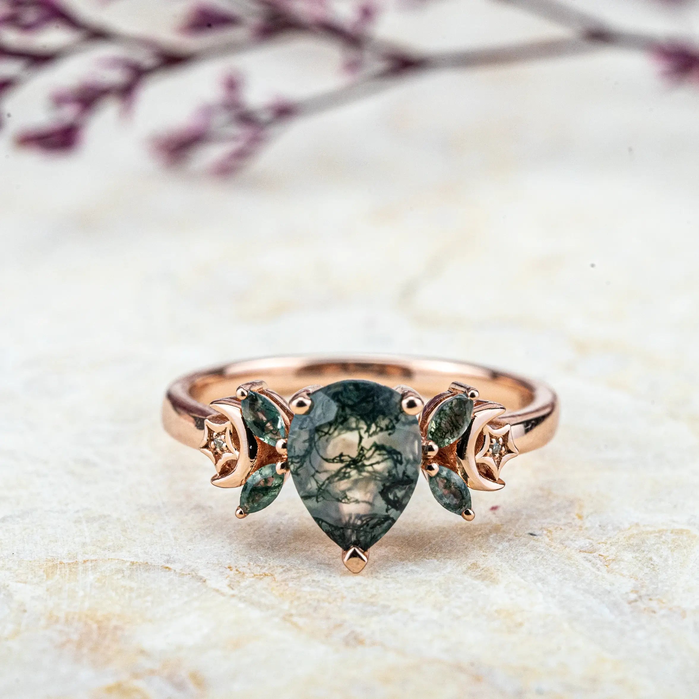  Lunar Essence - Pear Cut Moss Agate Ring Moon Band custom rings gold ring