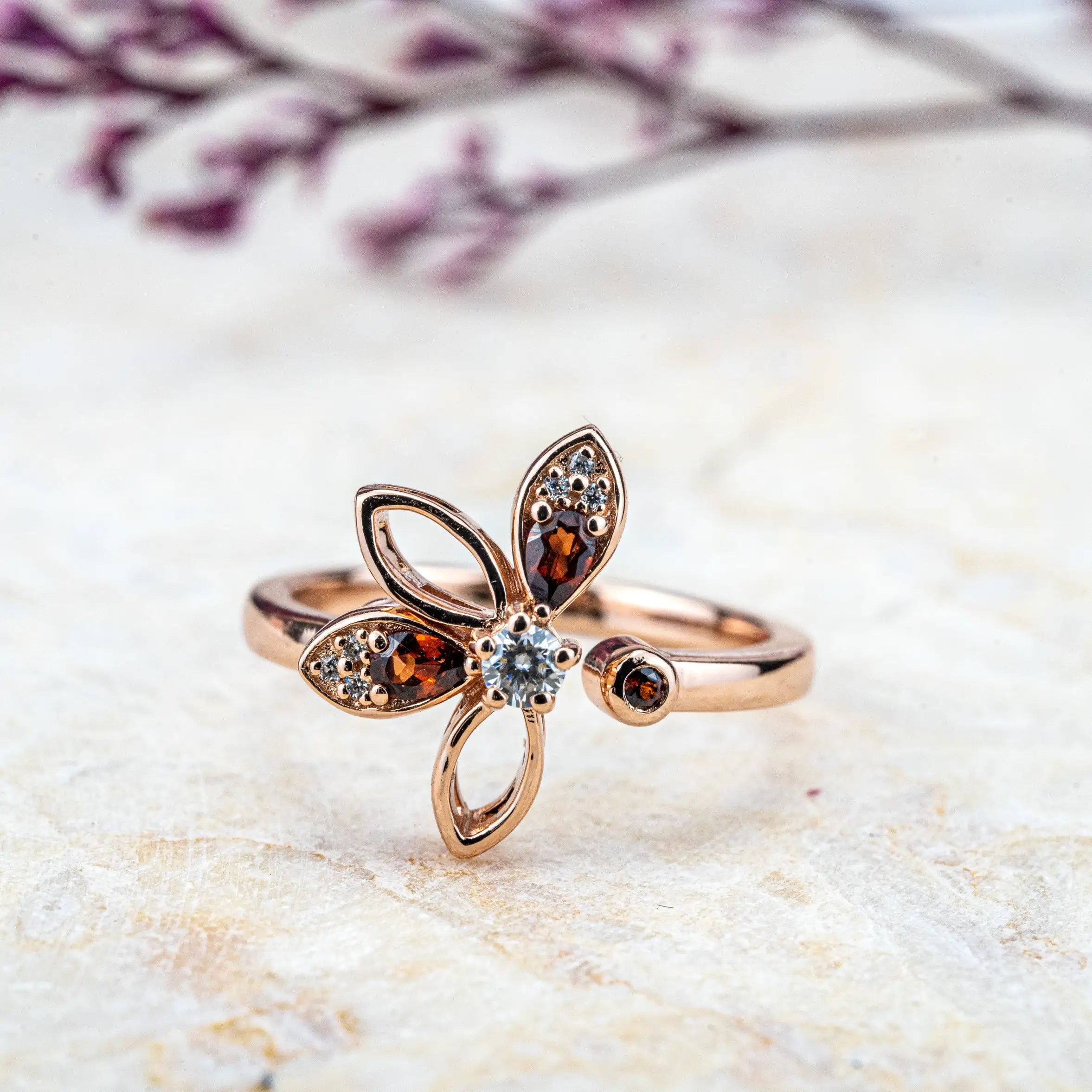 Flower Garnet Rings Birthstone Gold Ring for ladies anniversary gift