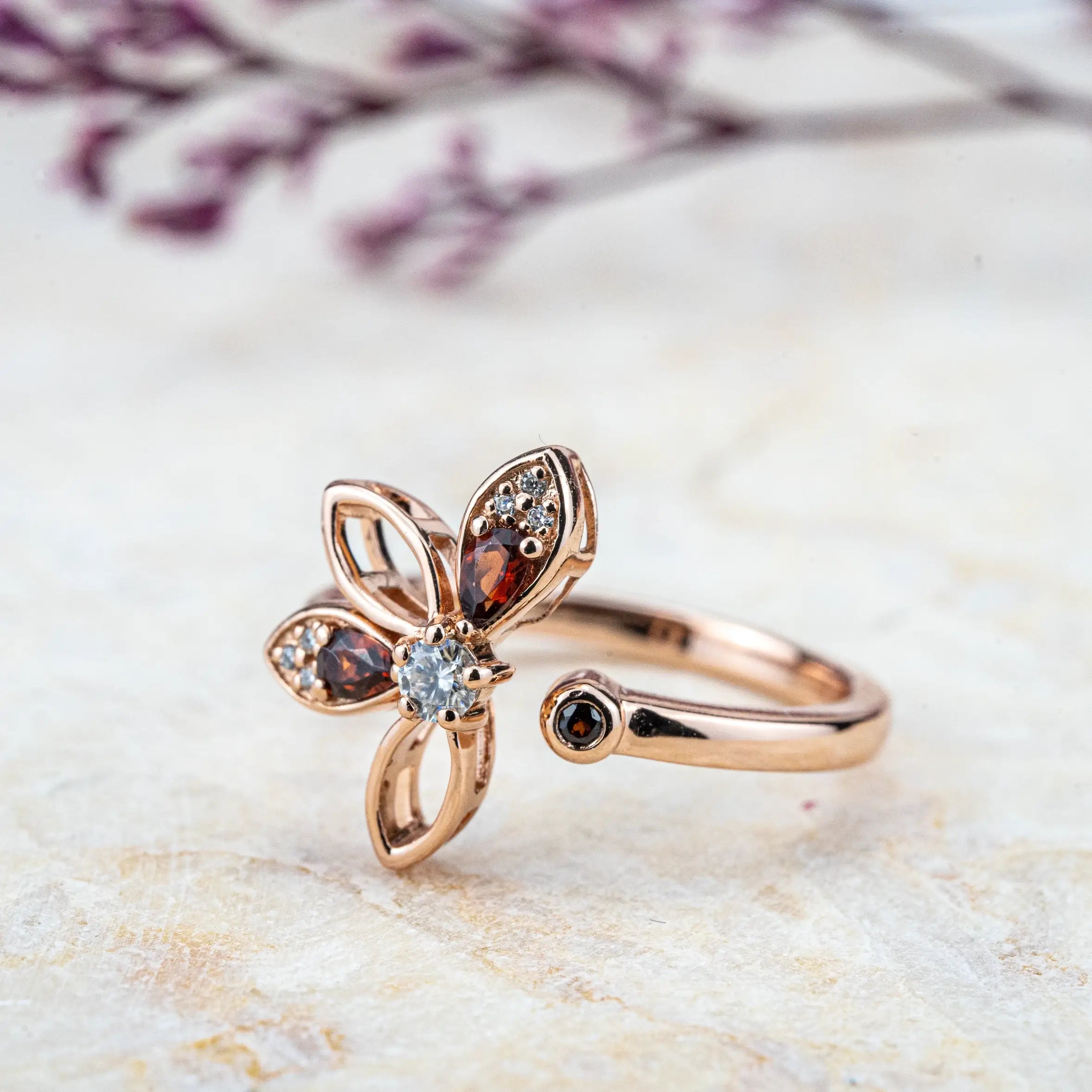 Petal Dance - Flower Garnet Rings Birthstone Gold Ring