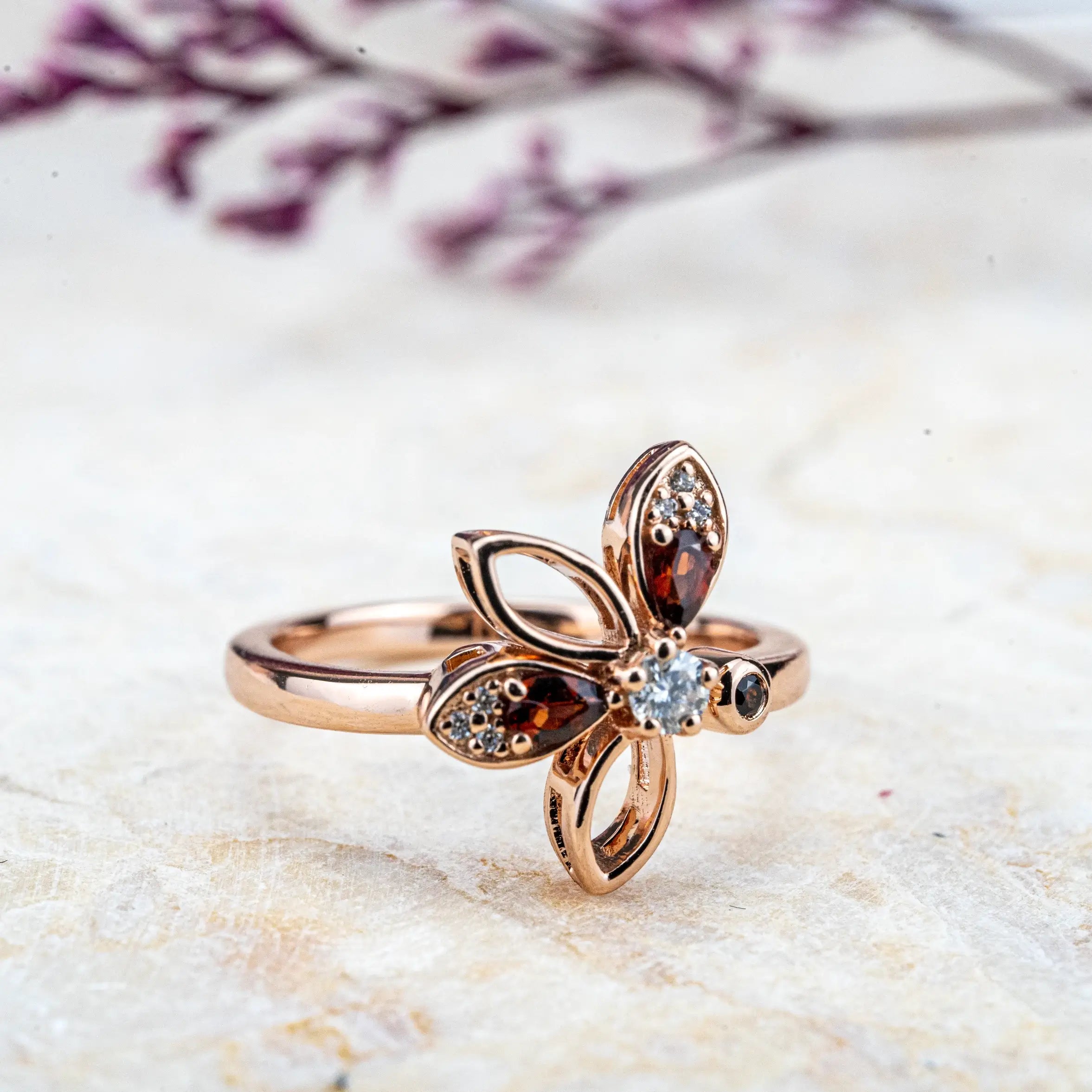 Petal Dance - Flower Garnet Rings Birthstone Gold Ring