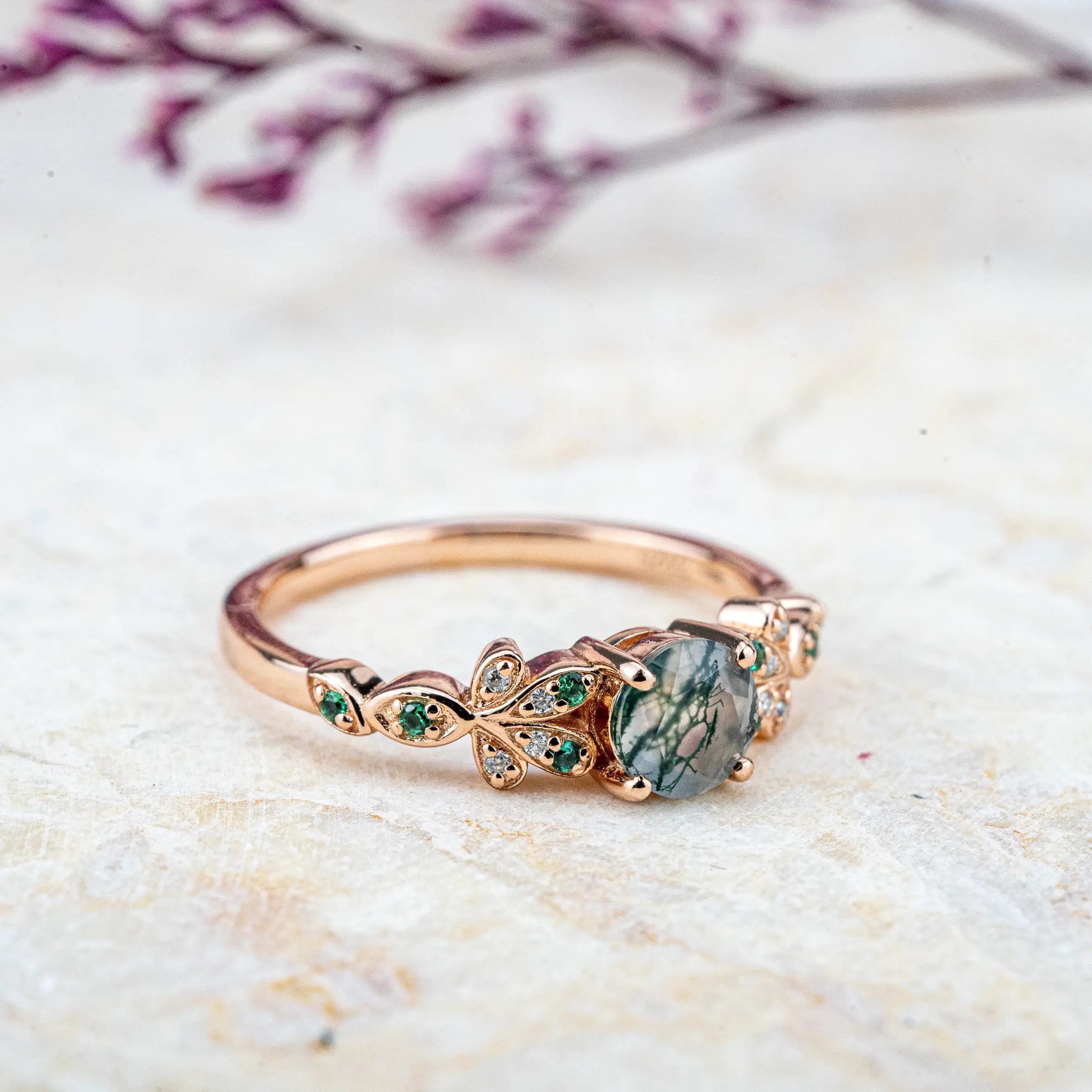 Blossom - Round Cut Moss Agate Ring Custom Flower Ring anniversary rings for ladies