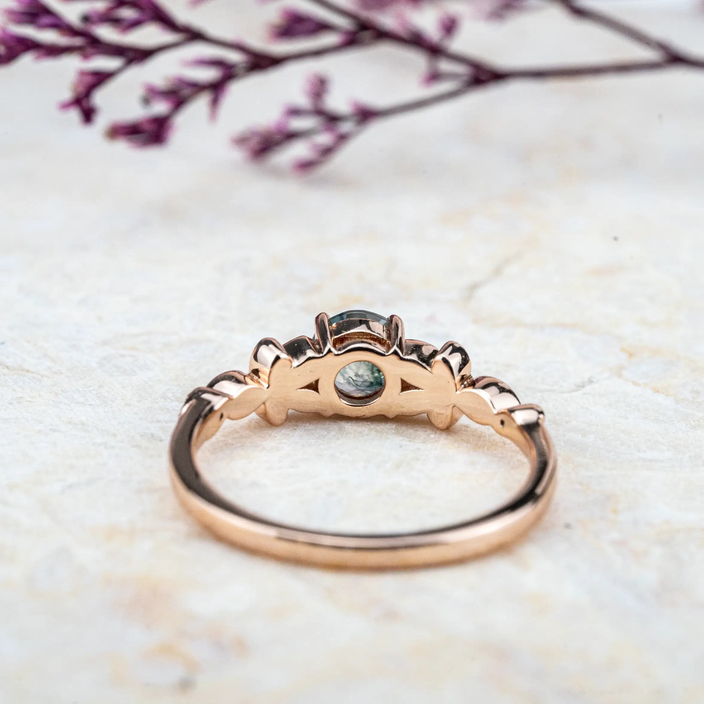 Blossom - Round Cut Moss Agate Ring Custom Flower Ring