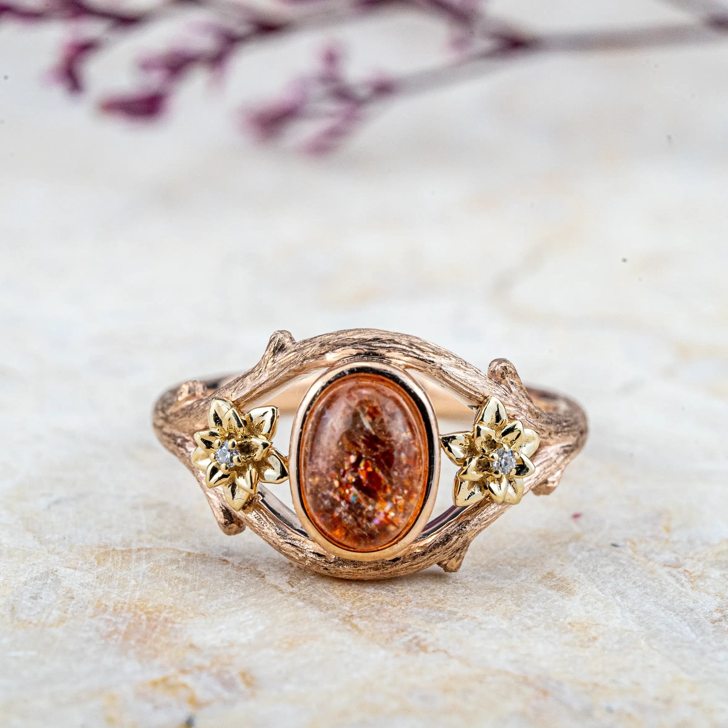 Solstice Blossom - Oval Sunstone Leaf Rings Promise Gift natural stone