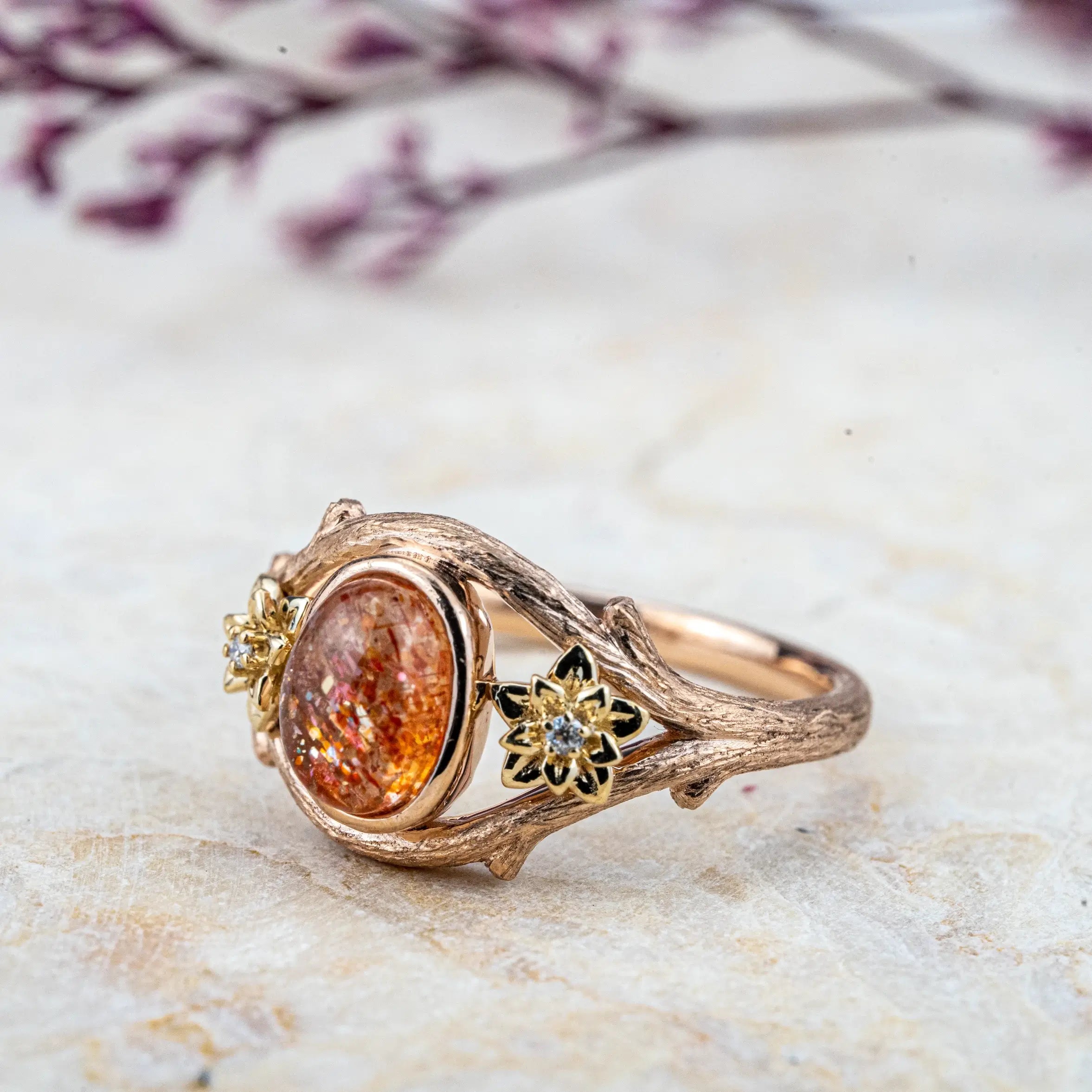 Solstice Blossom - Oval Sunstone Leaf Rings Promise Gift natural stone flower ring rose gold