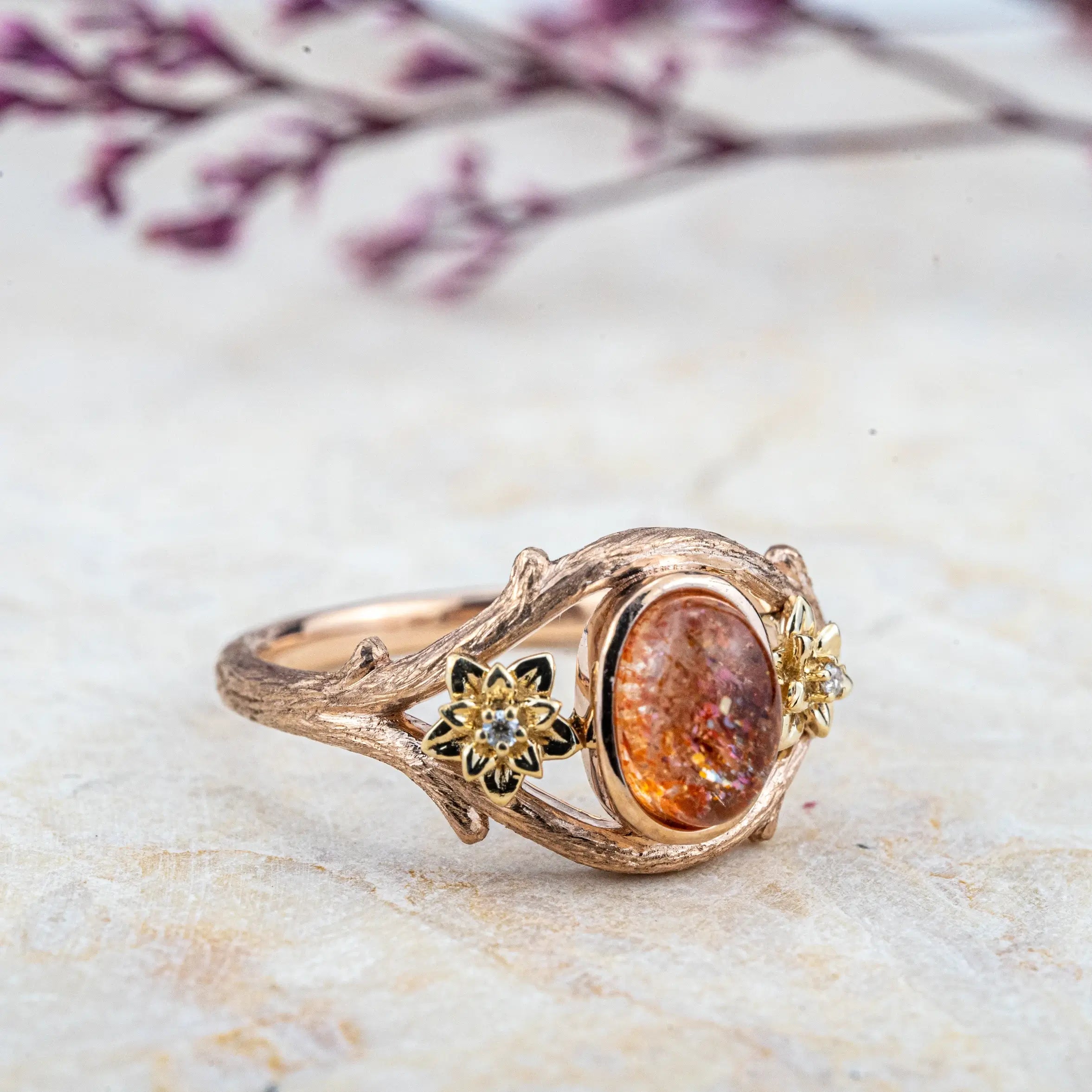 Solstice Blossom - Oval Sunstone Flower Rings Promise Gift