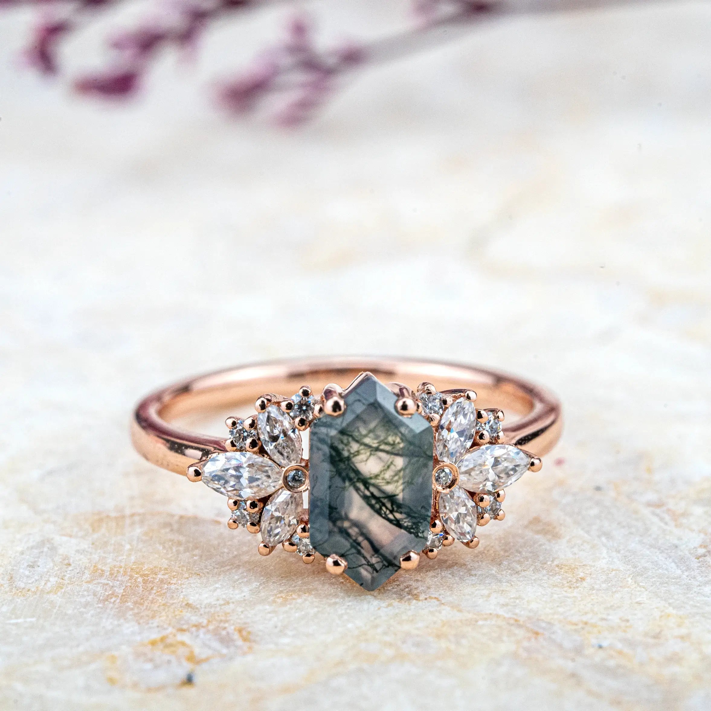 Vespera - Flower Gold Ring Cluster Moss Agate Rings For ladies anniversary ring