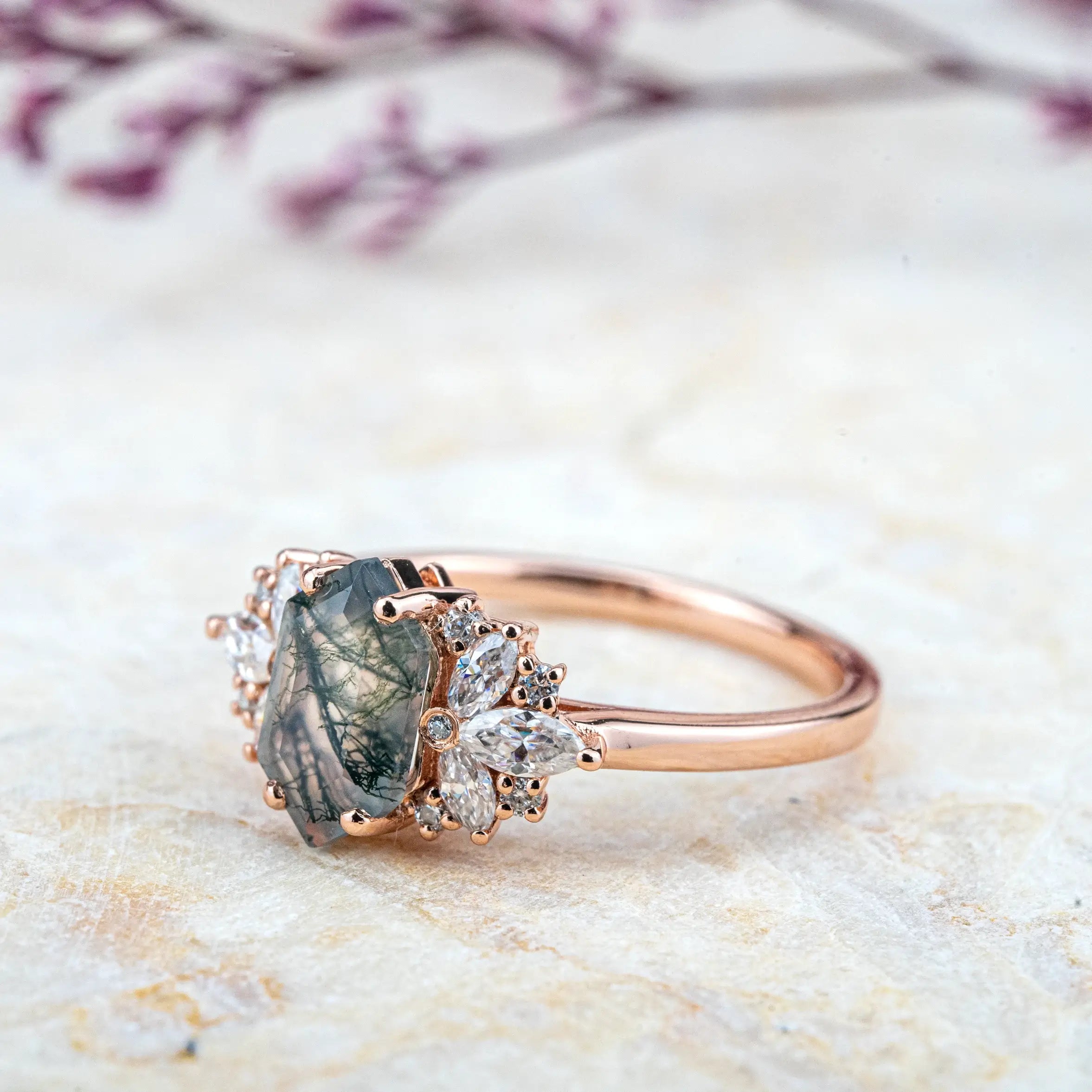 Vespera - Flower Gold Ring Cluster Natural Moss Agate Rings For ladies anniversary ring