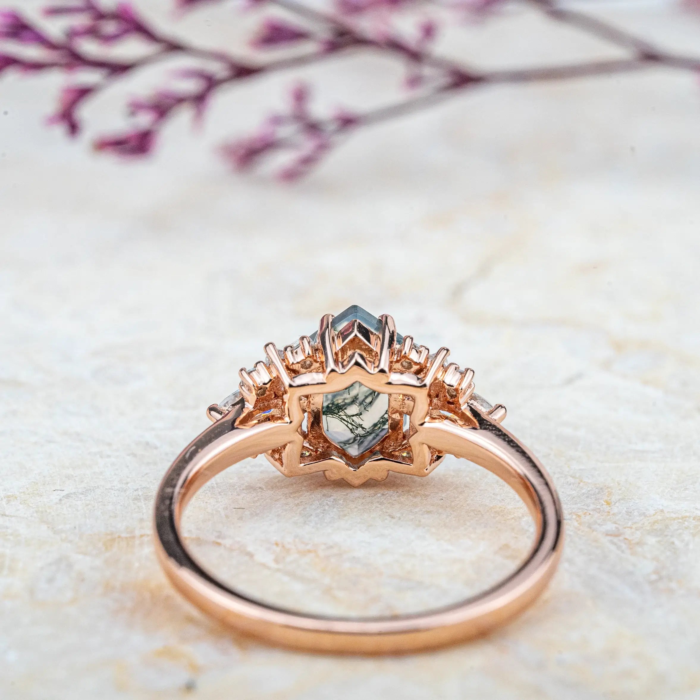 Vespera - Flower Gold Ring Cluster Moss Agate Rings