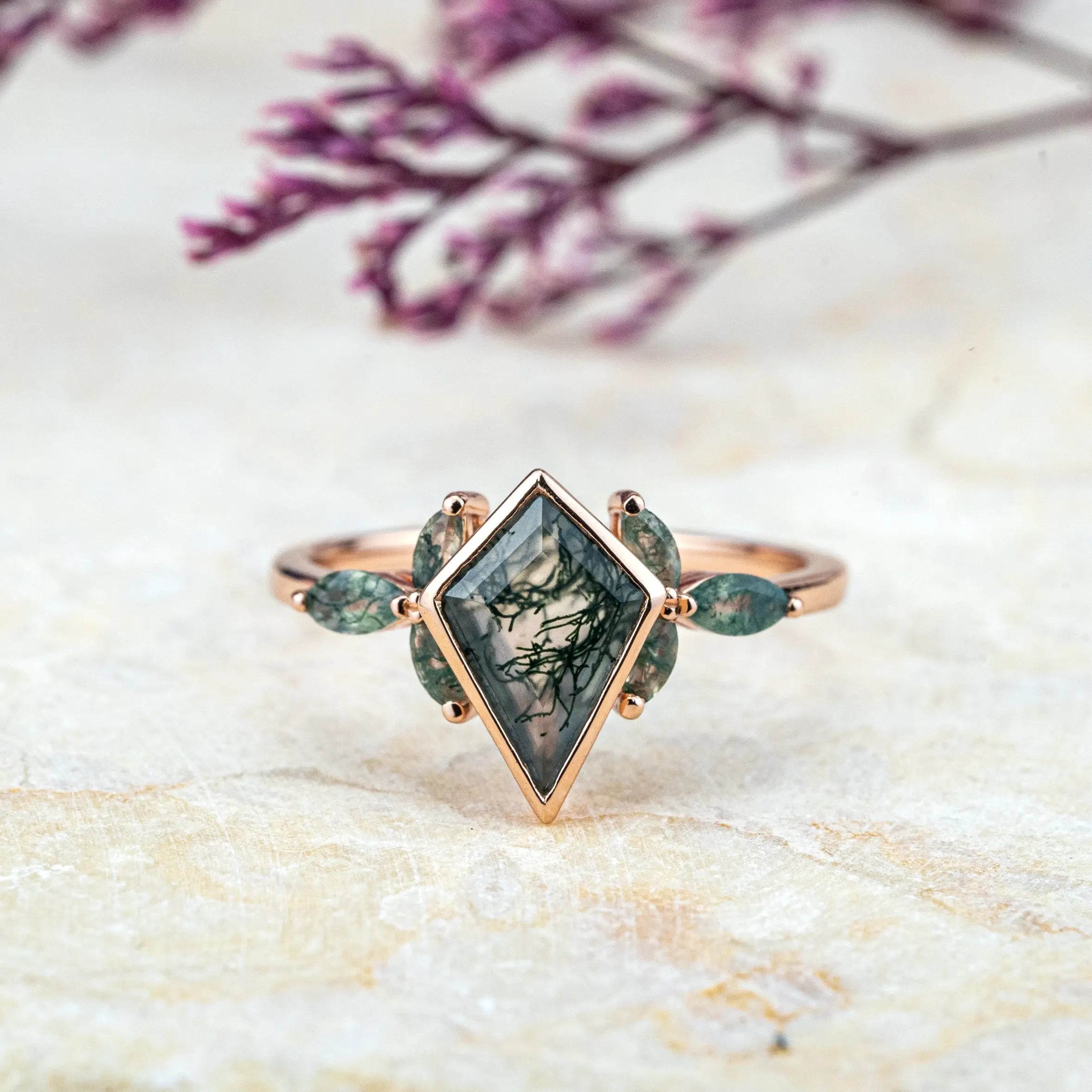 Beze Set Kite Cut Moss Agate Ring Natural Inspired Design Flora Ring engagement ring for women